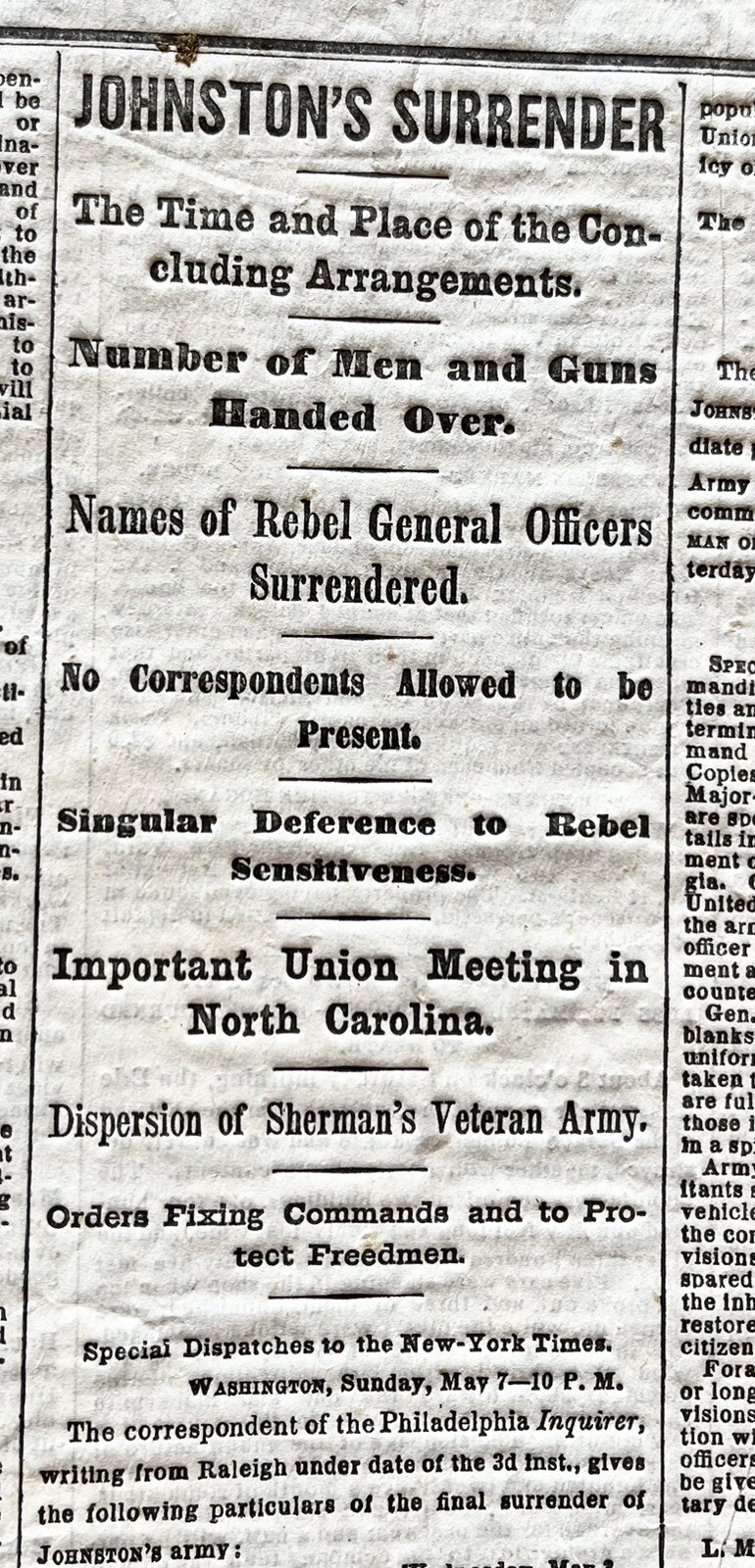3 NY TIMES 1865 newspapers SURRENDER Confederate General Johnston CIVIL WAR ENDS