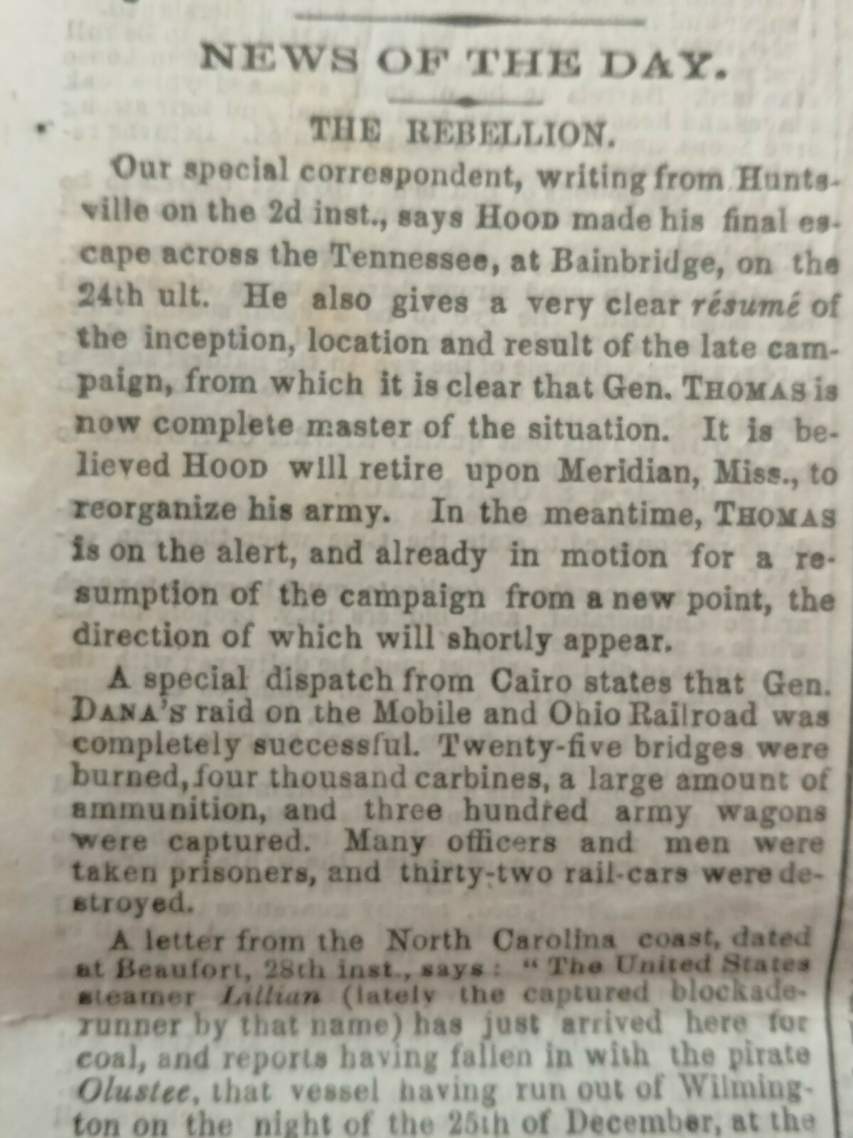 Civil War Newspapers-TENNESSEE-HOOD’S FINAL AND DISASTROUS ESCAPE,GEN PRICE DEAD