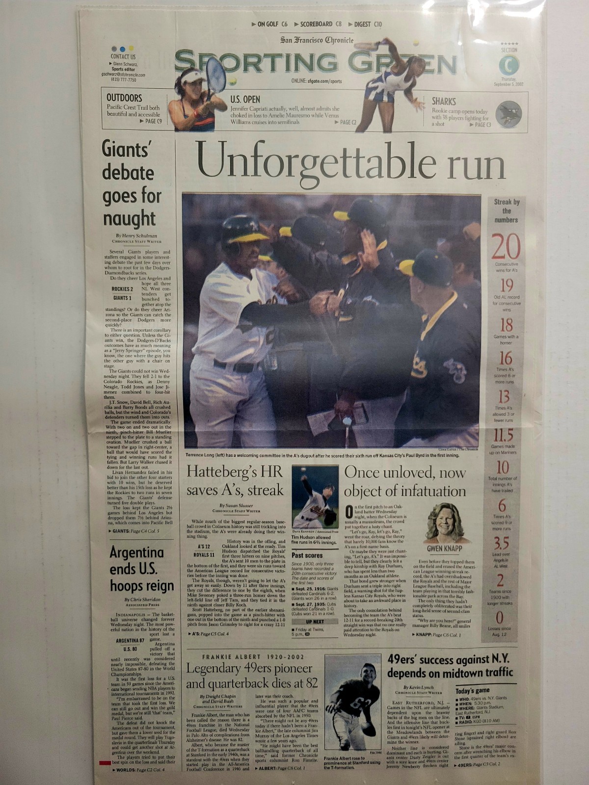 2002 Jul 5: SF Chronicle – Oakland A’s 20 Game Winning Streak / MLB Athletics