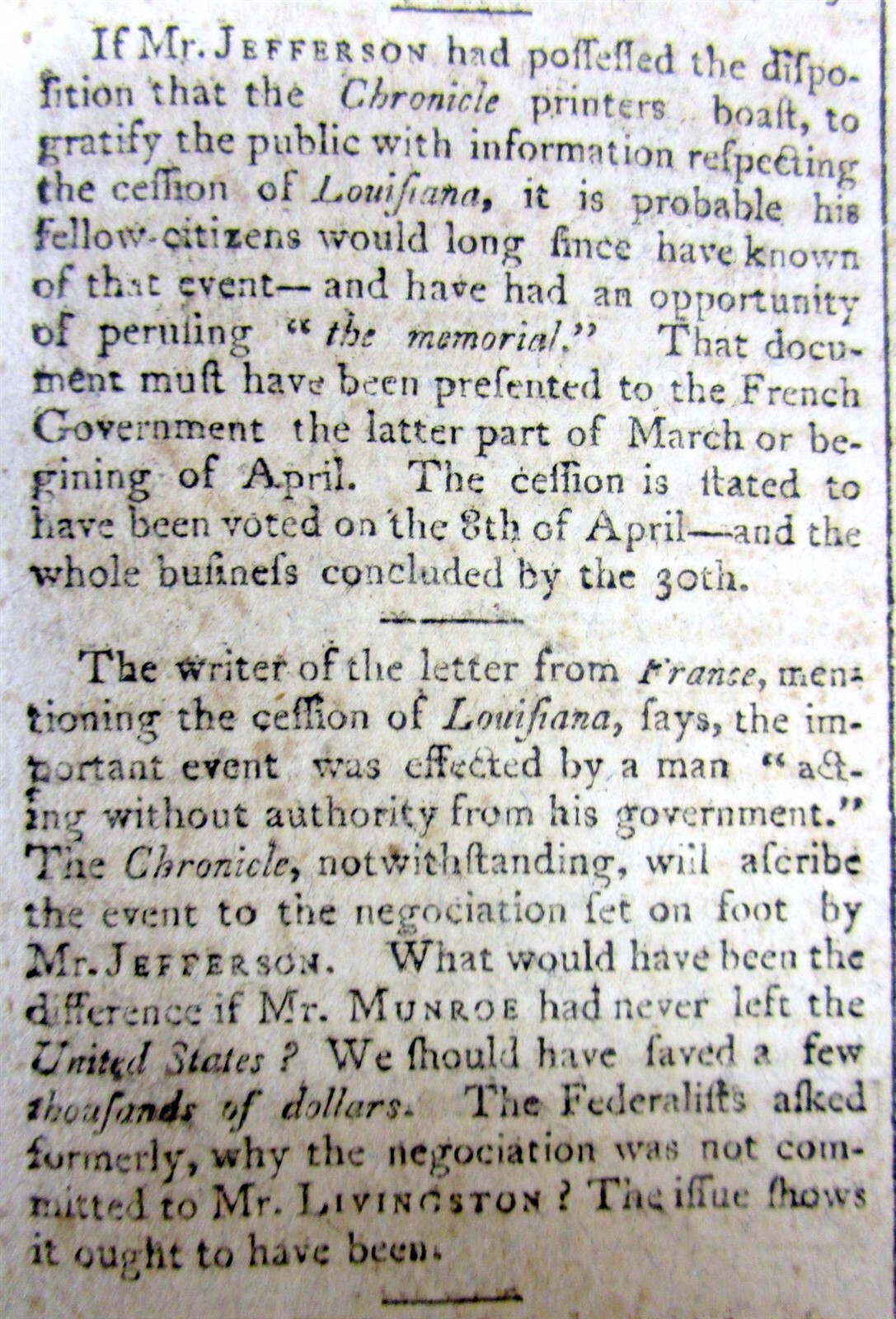 1803 newspaper w Early news of the LOUISIANA PURCHASE by THOMAS JEFFERSON admin