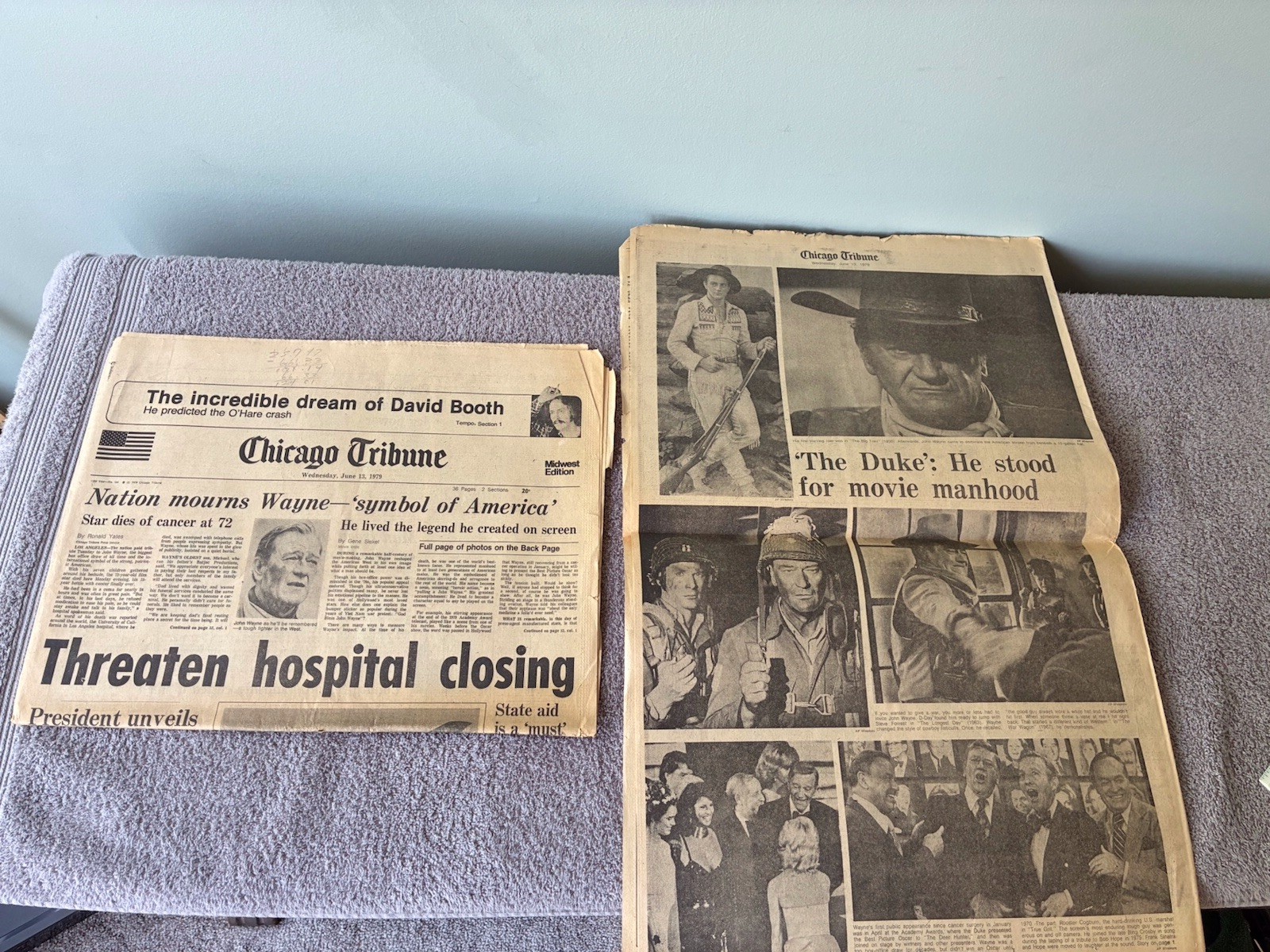 2~SECTIONS OF CHICAGO TRIBUNE NEWSPAPER RE: DEATH OF “THE DUKE” JOHN WAYNE~1979