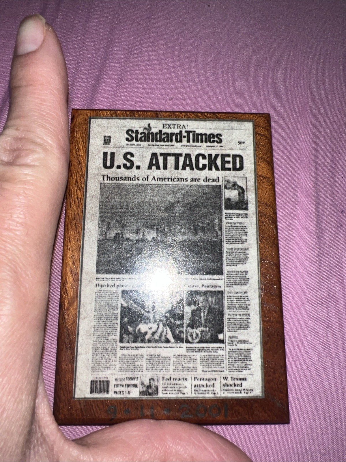 9/11 Memorabilia Mini Wood Plaque Standard-Times Newspaper US Attacked 2″x3″