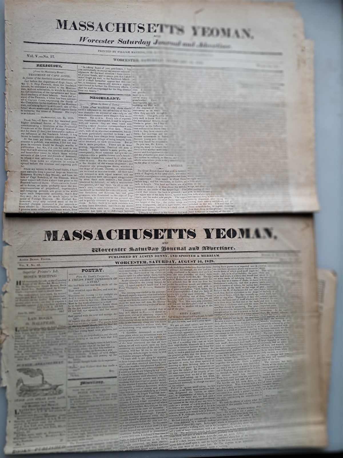 Massachusetts Yeoman and Worcester Journal – TWO 1828 Issues