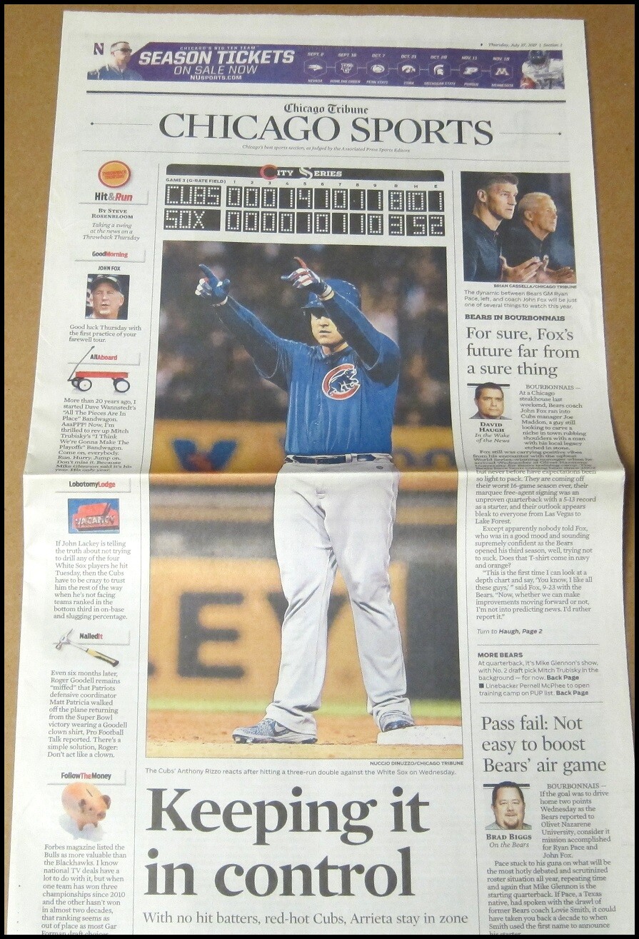 7/27/2017 Chicago Tribune Newspaper Sports Cubs vs White Sox Anthony Rizzo