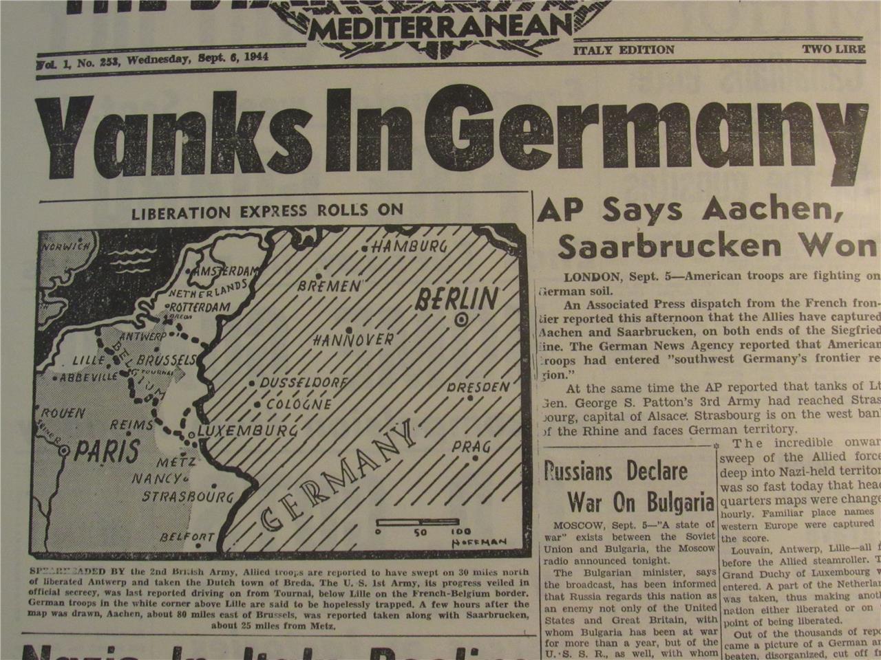 VINTAGE NEWSPAPER HEADLINES~ WORLD WAR 2 USA YANK ARMY ENTER GERMANY WWII 1944