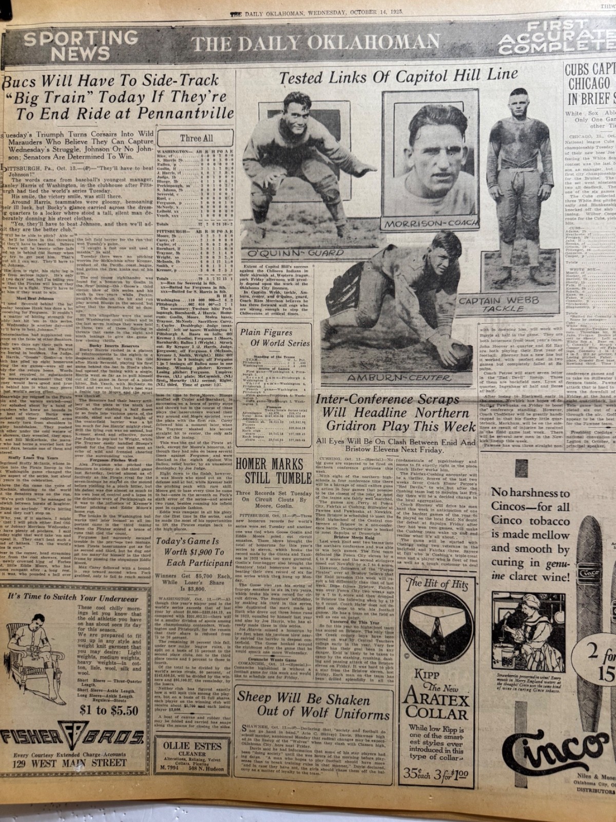 1925 CAPITAL HILL HIGHSCHOOL, OKLA. CITY FOOTBALL PLAYERS NEWSPAPER PHOTO