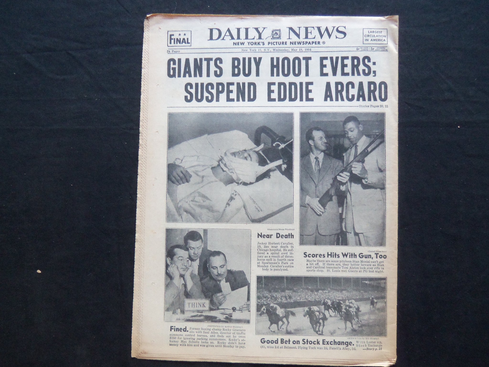 1954 MAY 19 NY DAILY NEWS NEWSPAPER – EDDIE ARCARO SUSPENDED – NP 2509
