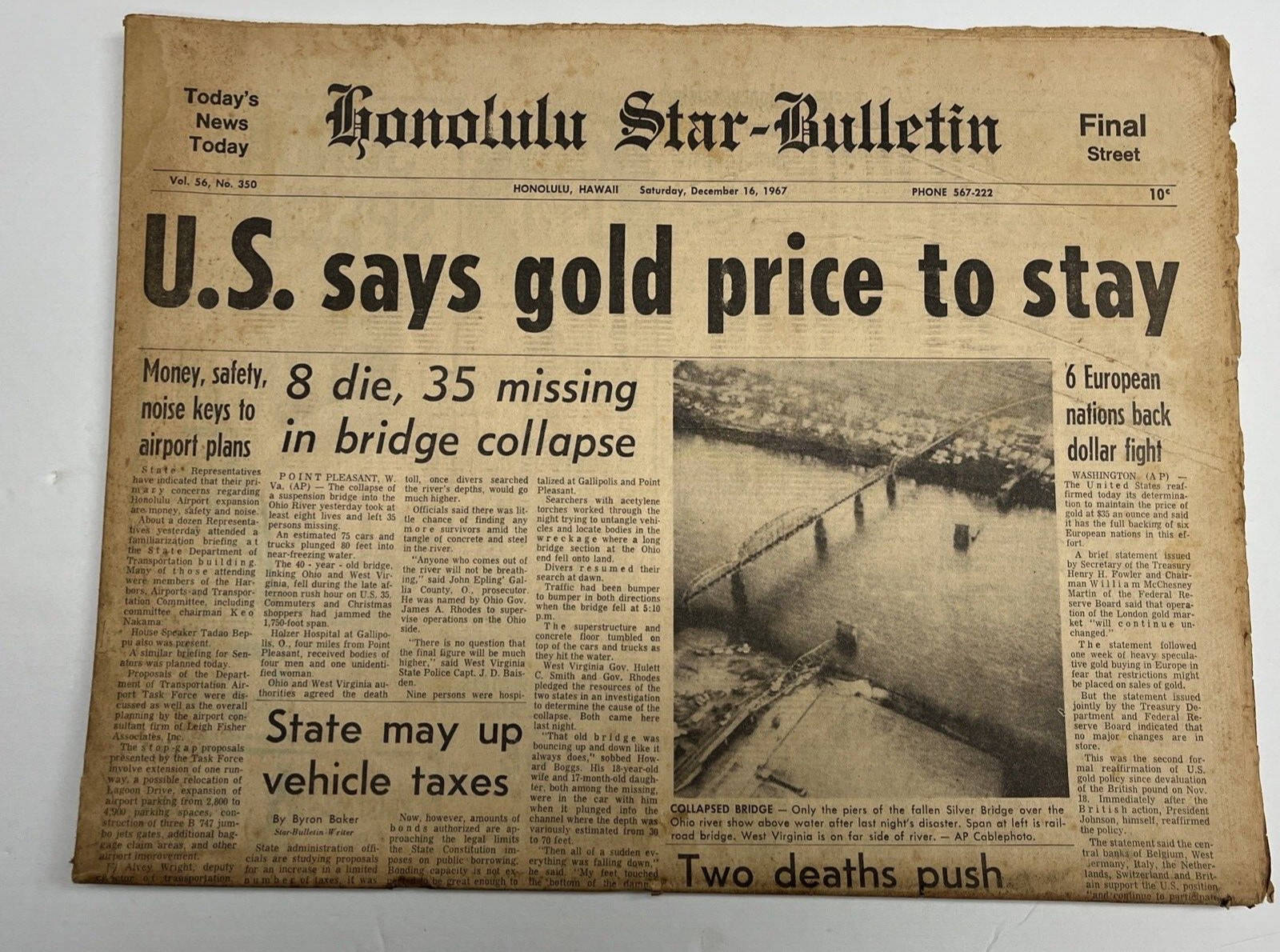 Honolulu Star Bulletin Newspaper December 16 1967 Price of Gold News & Ads