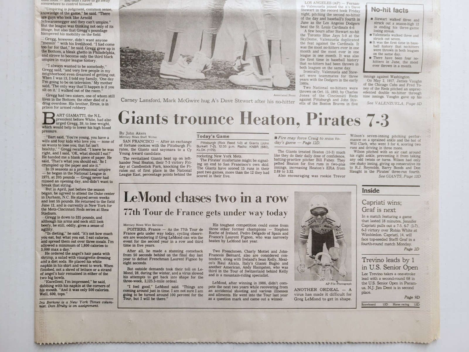 1990 Jun 30: MLB STEWART & VALENZUELA Toss No-Hitters! San Jose Mercury News