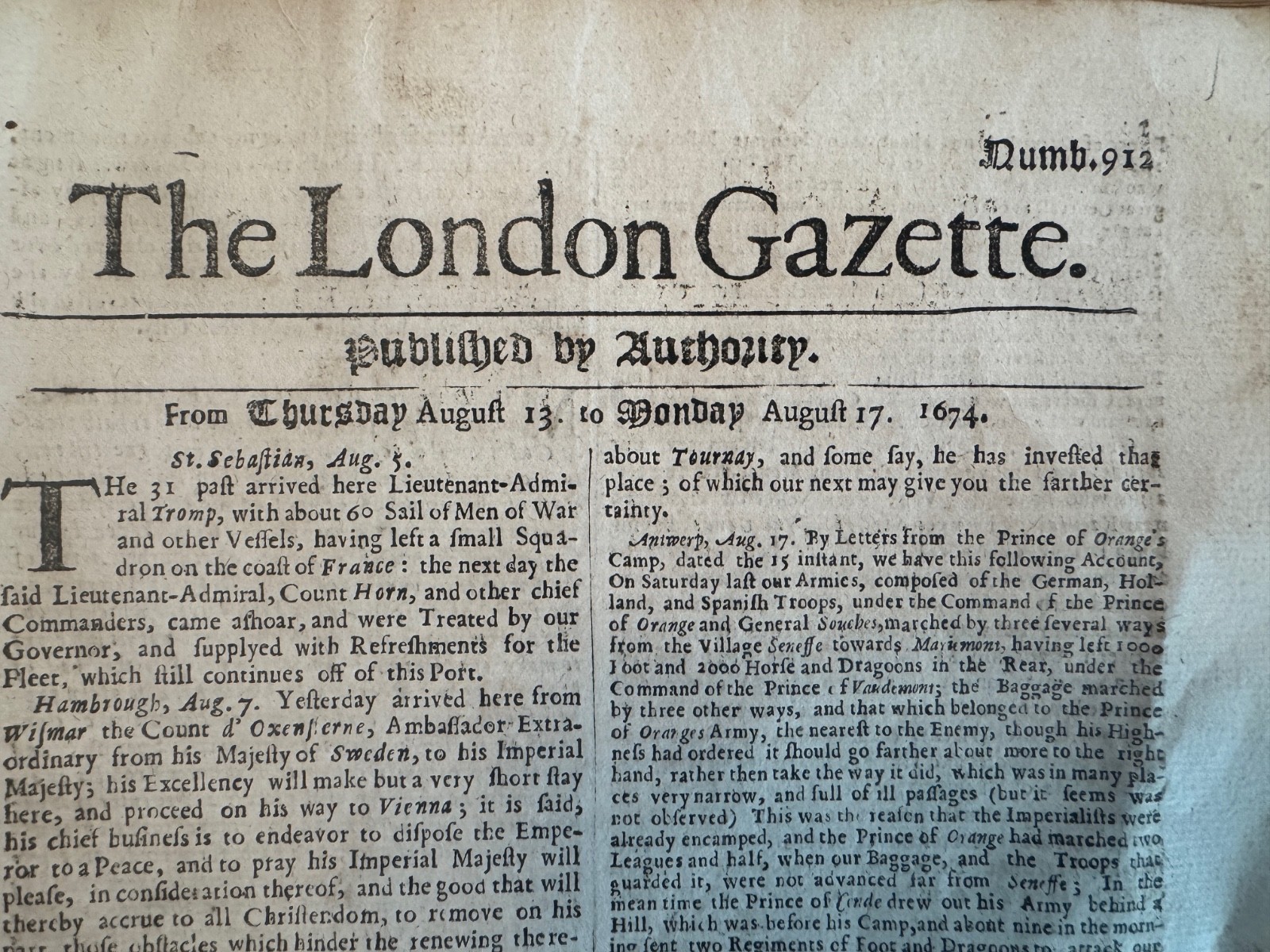 1674 London Gazette No. 931 – Battle of Seneffe – William of Orange