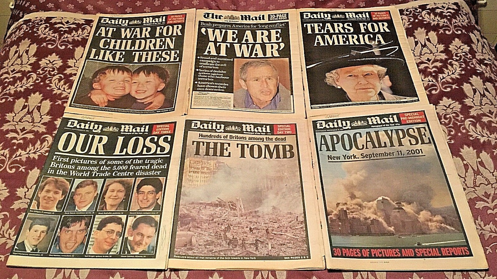 * 6 x Daily Mail Newspapers – 12th to 17th September 2001 9/11 Editions – RARE *