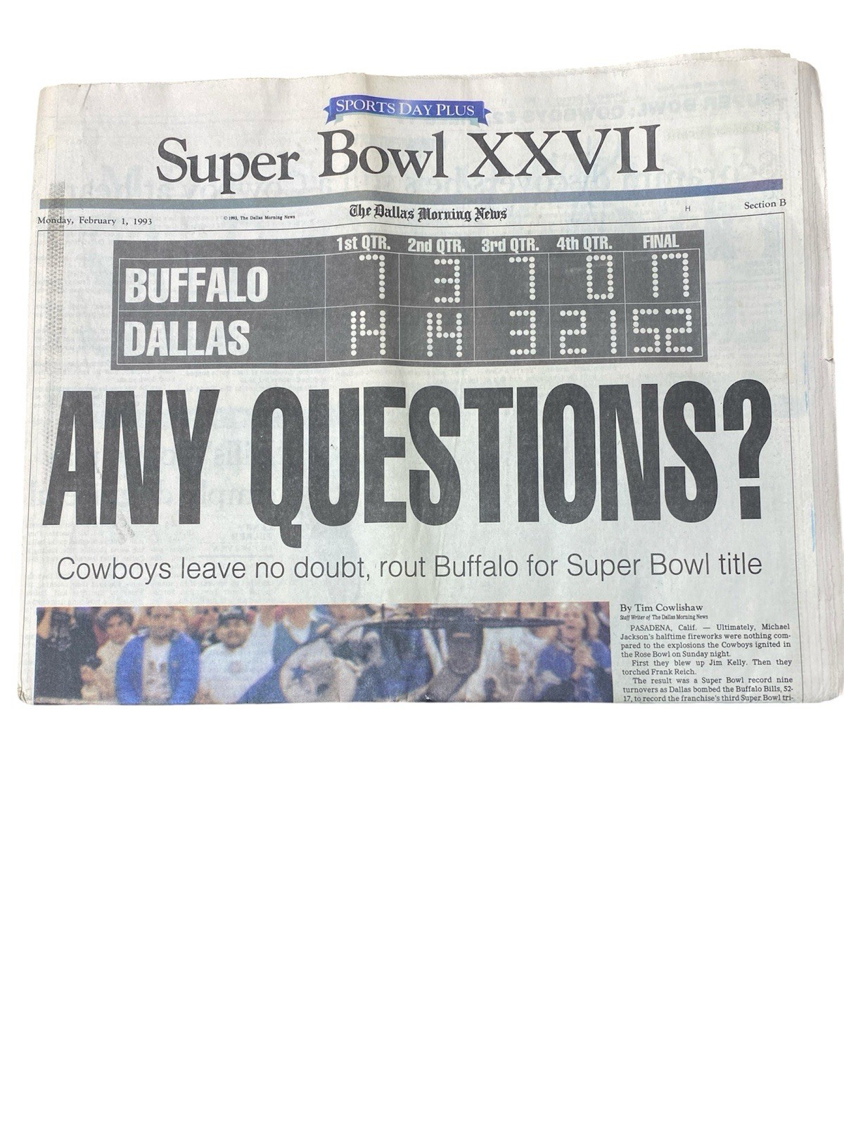 The Dallas Morning News February 1993 Dallas Cowboys Super Bowl 27 Champions