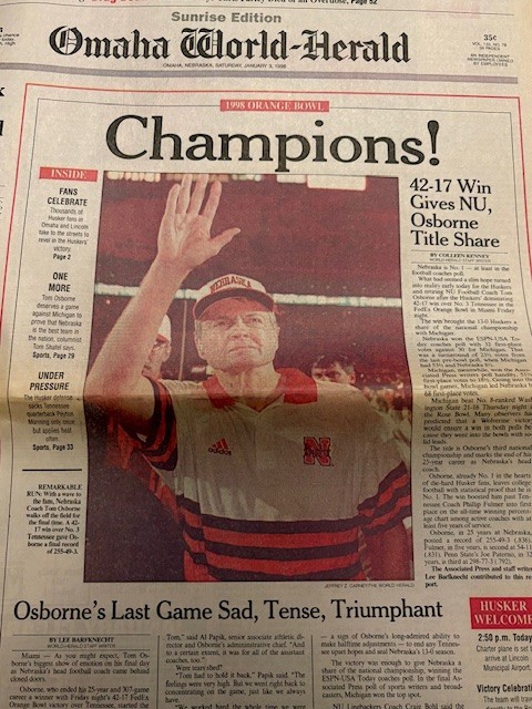1/3/1998 OMAHA WORLD HERALD NEBRASKA vs TENNESSEE ORANGE BOWL POST-GAME COVERAGE