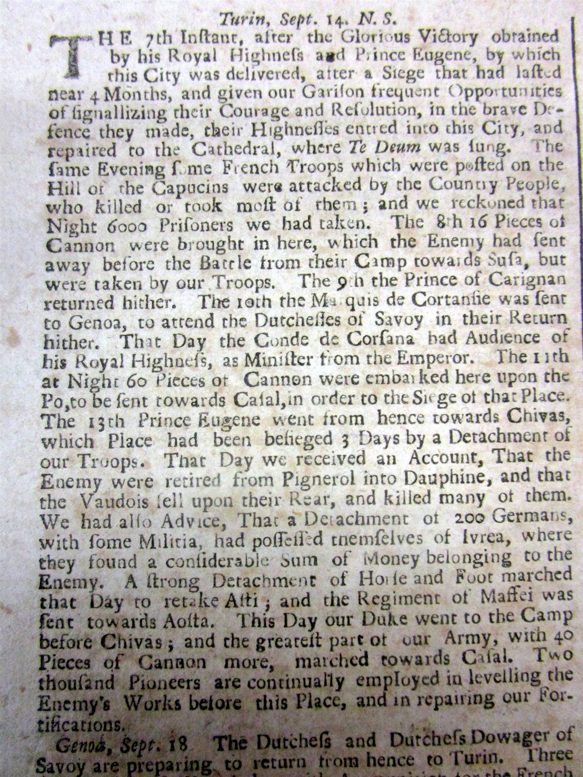 1706 newspaper w SIEGE OF TURIN Italy during The WAR OF THE SPANISH SUCCESSION