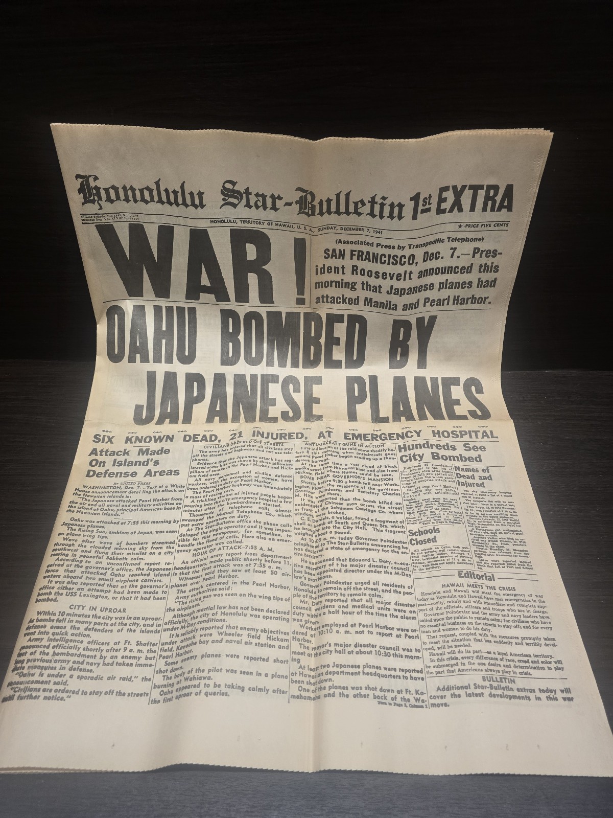 Honolulu Star-Bulletin 1st EXTRA December 7 1941 Pearl Harbor Attack WW2 Japan