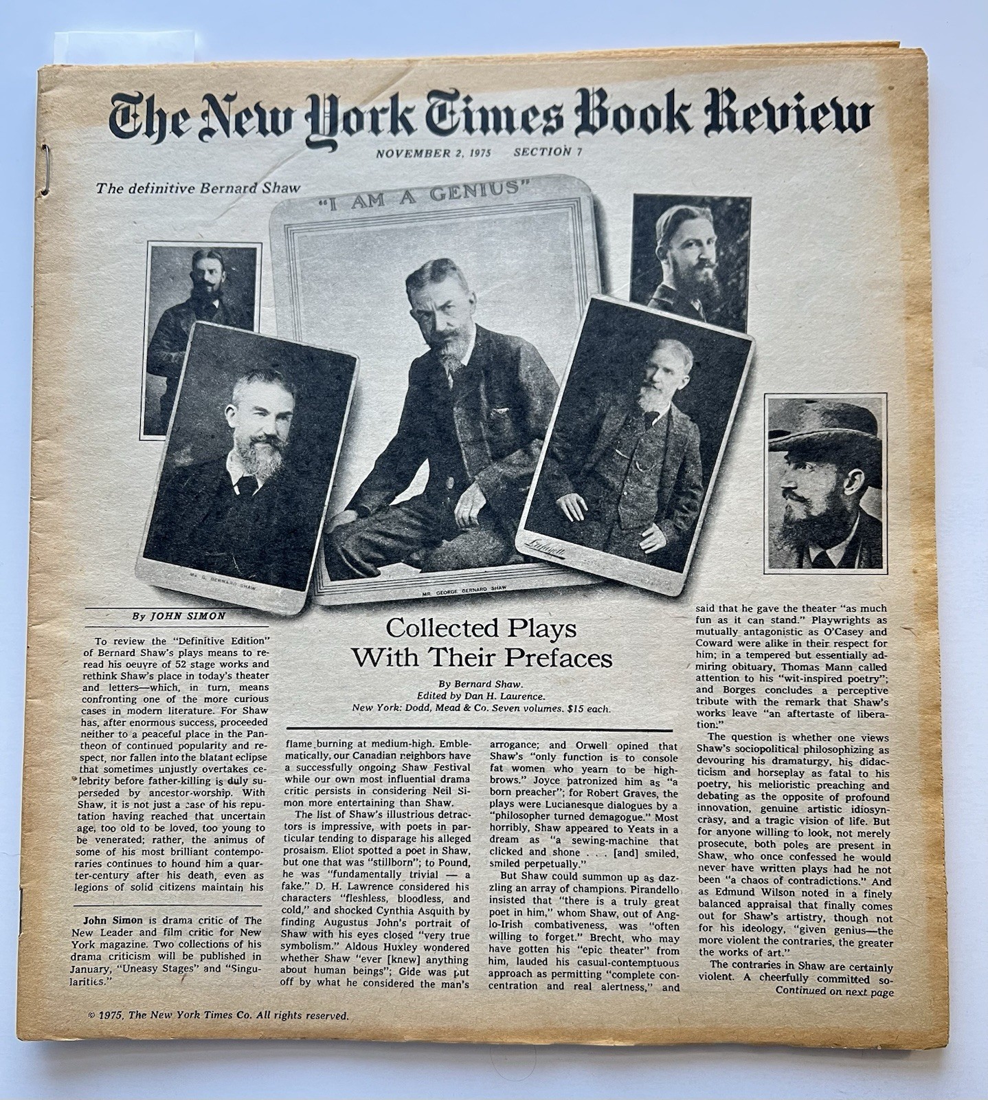 VTG 1975 New York Times Book Review News – George Bernard Shaw Cover Nov 2 NYT