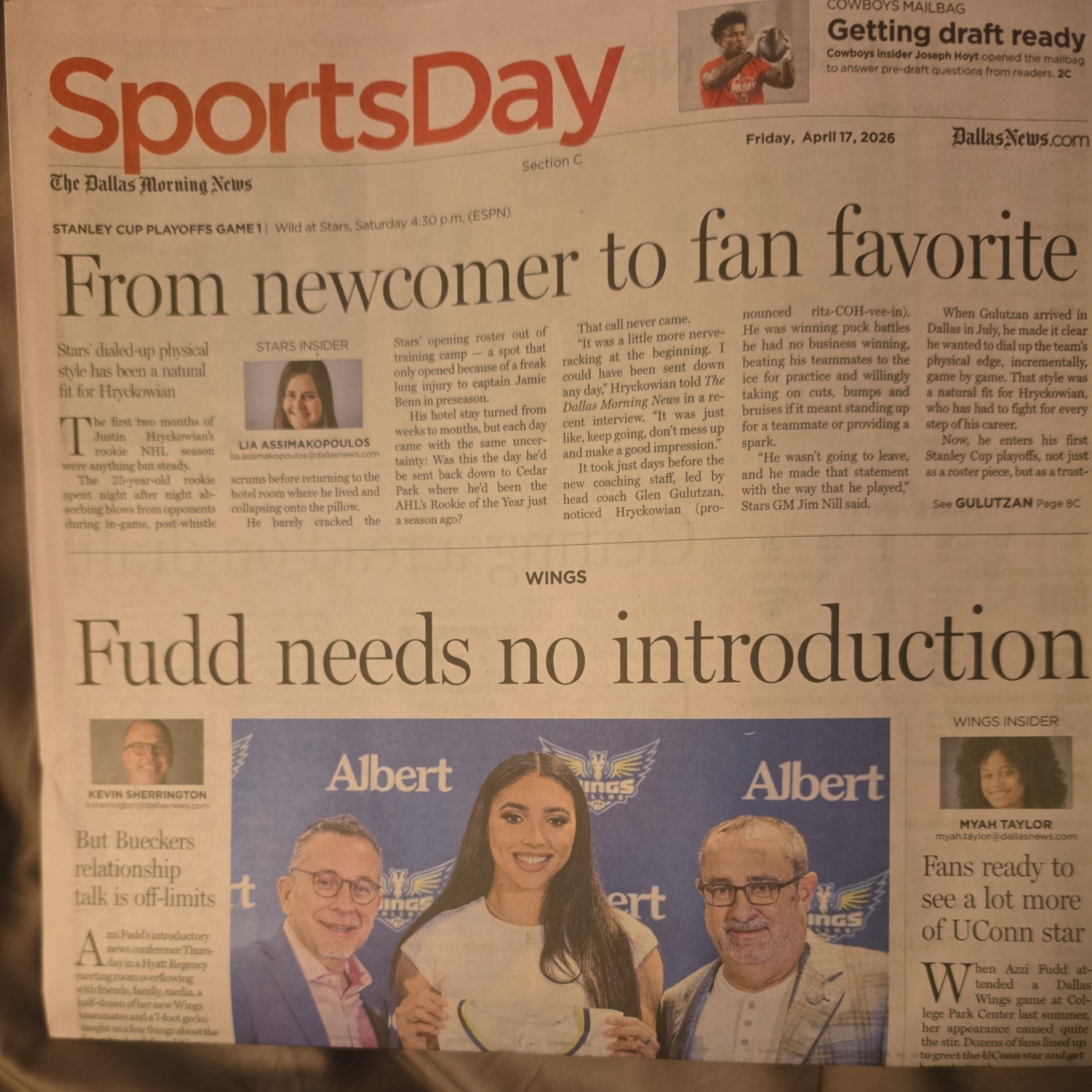 DALLAS MORNING NEWS: APRIL 17TH WNBA WINGS UCONN AZII FUDD INTRODUCTION