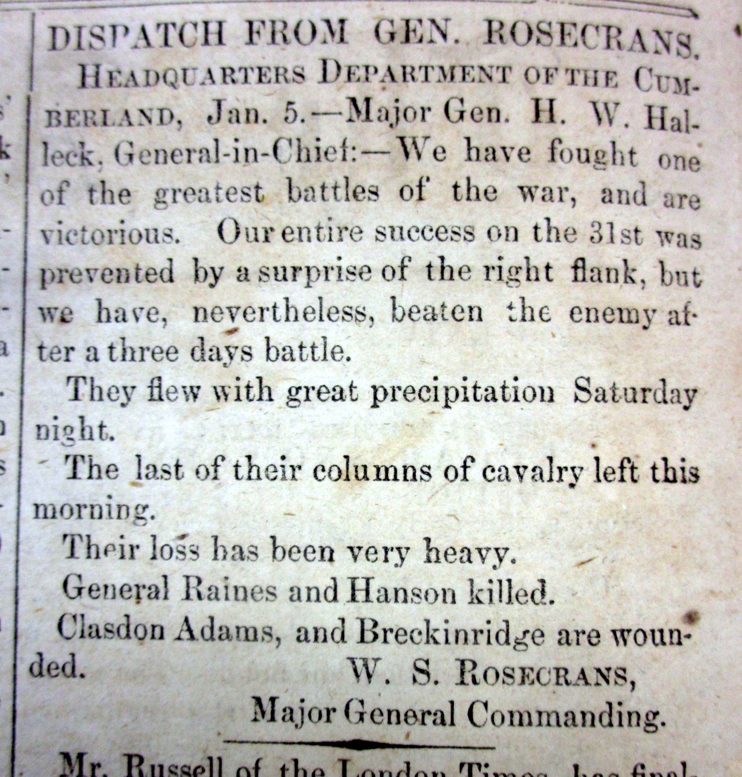 1863 Alexandra VIRGINIA Civil War newspaper w BATTLE OF MURFREESBORO Tennessee