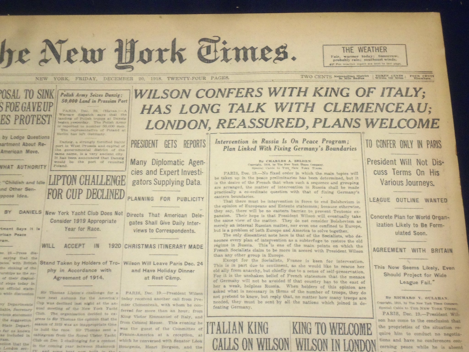 1918 DECEMBER 20 NEW YORK TIMES – WILSON CONFERS WITH KING OF ITALY – NT 9181