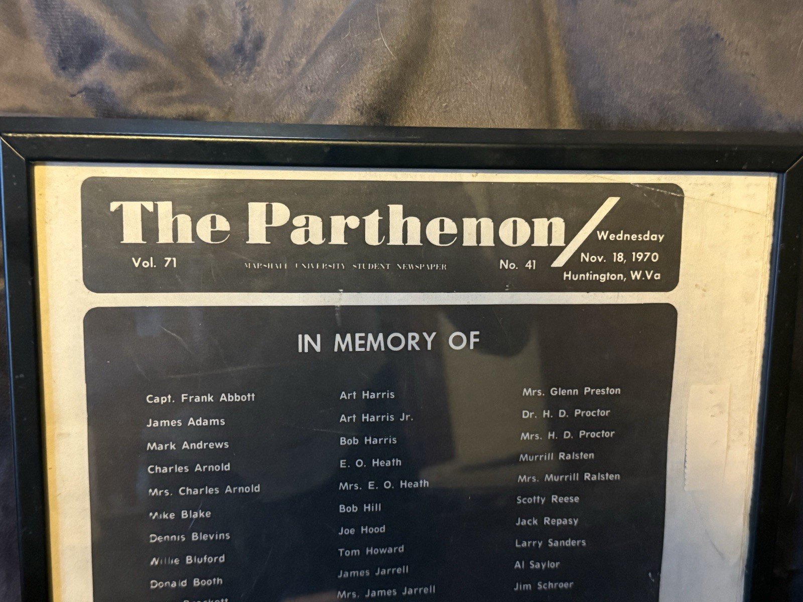 Marshall Thundering Herd Plane Crash Memorial Newspaper Parthenon November 1970