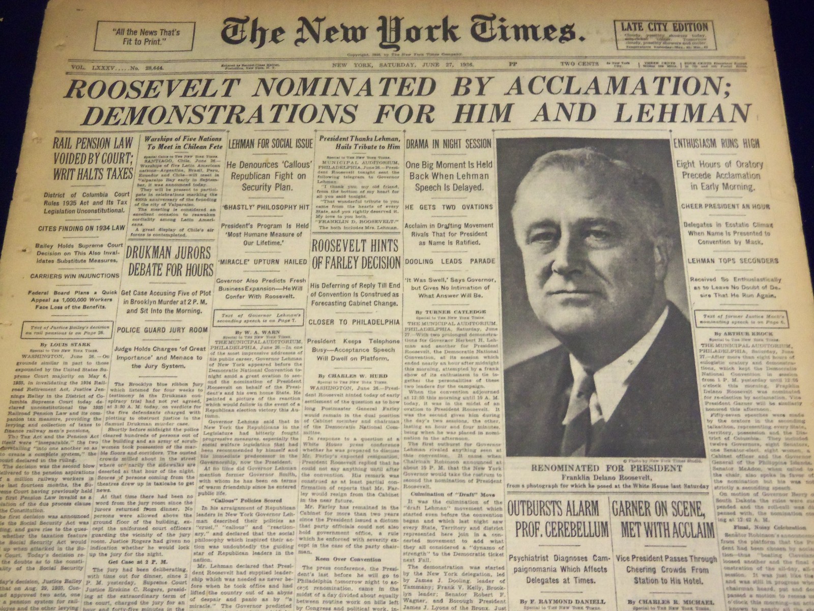 1935 JUNE 27 NEW YORK TIMES – ROOSEVELT NOMINATED BY ACCLAMATION – NT 1934