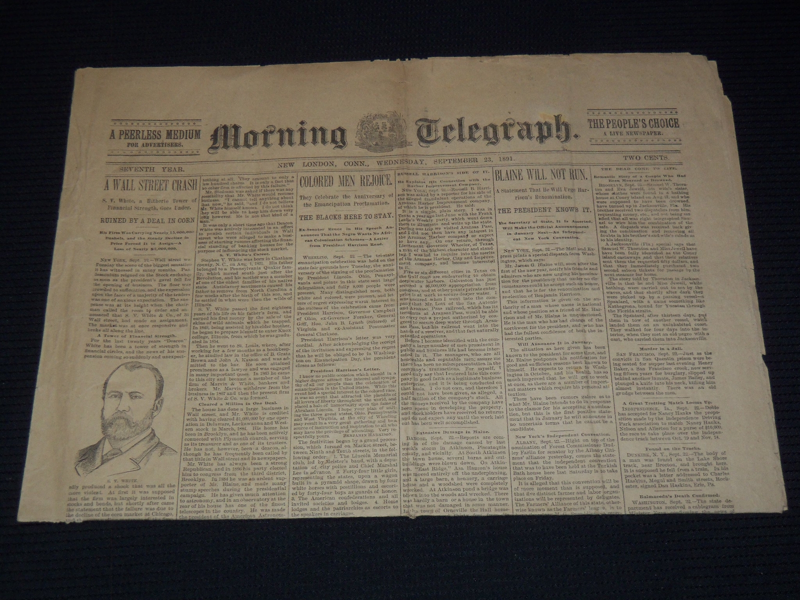1891 SEPTEMBER 23 MORNING TELEGRAPH NEWSPAPER – COLORED MEN REJOICE – NP 2151Z