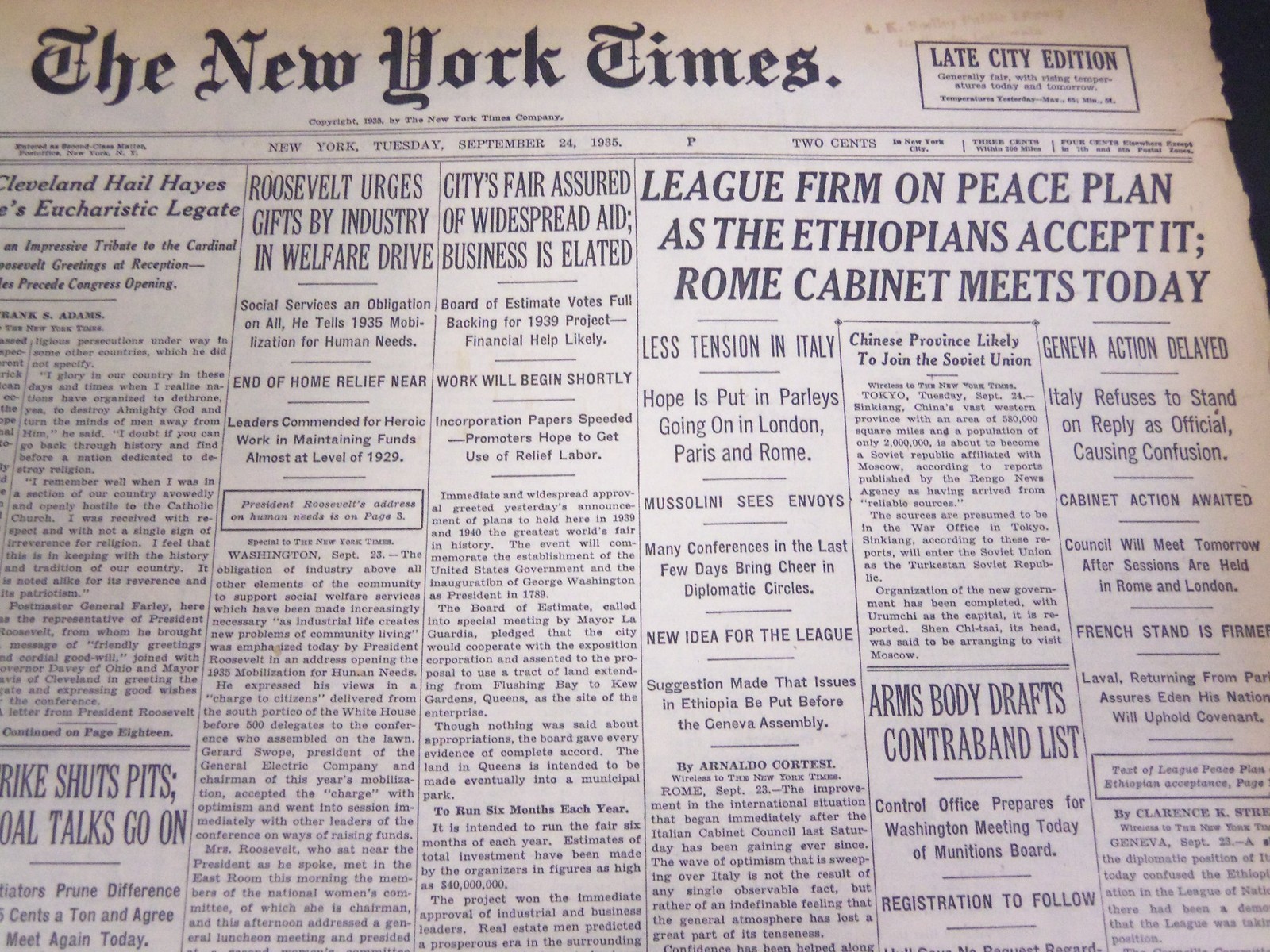 1935 SEPT 24 NEW YORK TIMES – CITY’S FAIR ASSURED OF WIDESPREAD AID – NT 4901