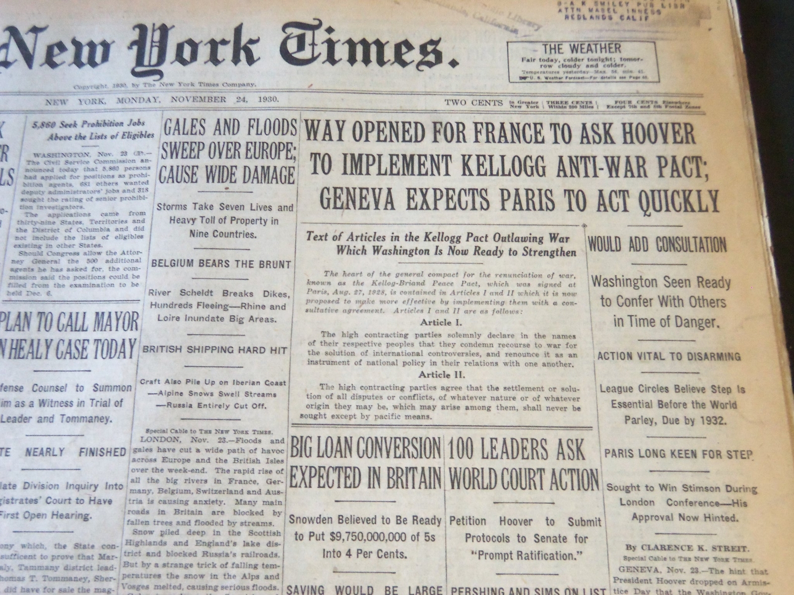 1930 NOV 24 NEW YORK TIMES – HOOVER TO IMPLEMENT KELLOGG ANTIWAR PLAN – NT 6332