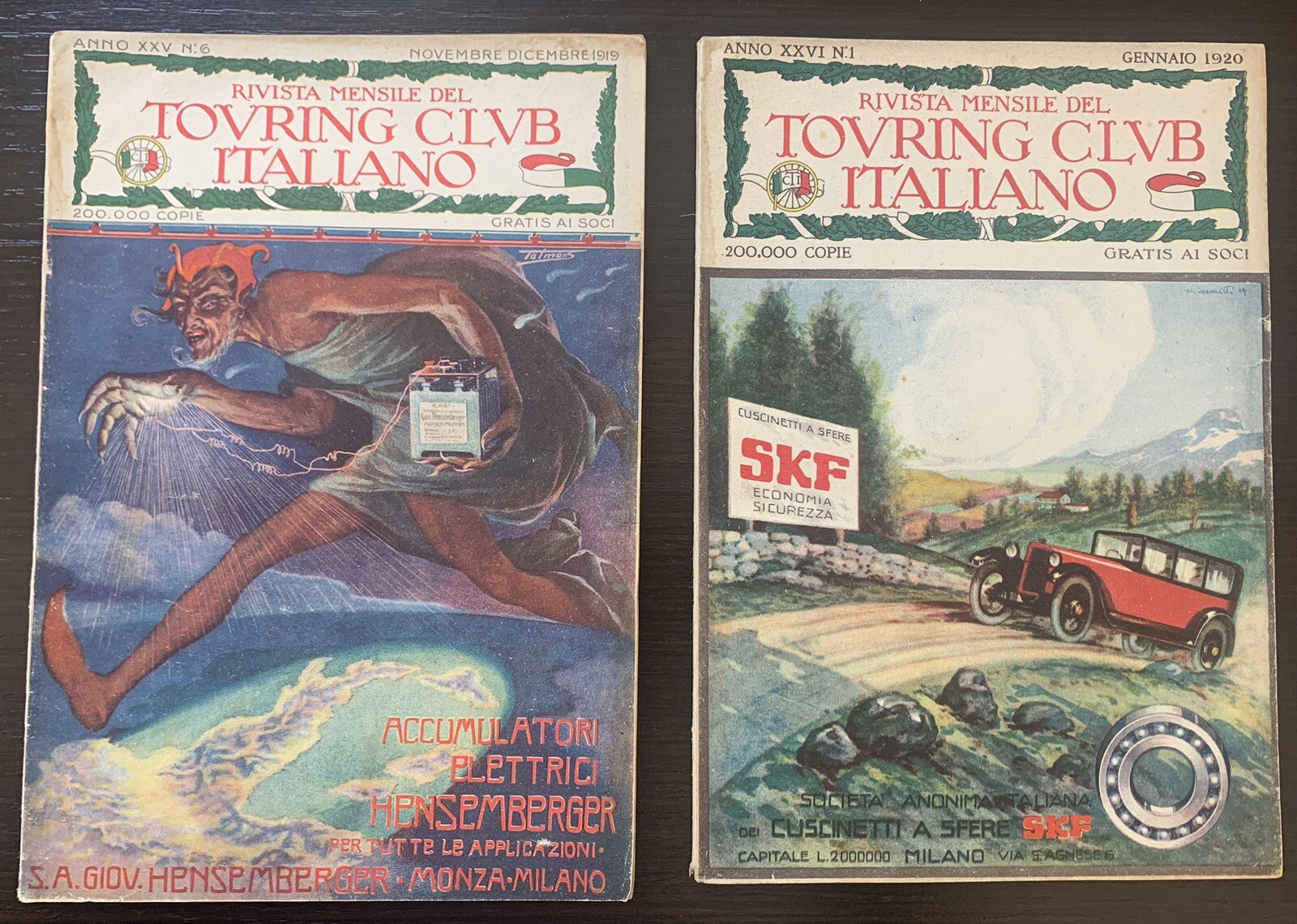 n. 2 RIVISTA TOURING CLUB ITALIANO – 12/1919 + 01/1920 spettacolari pubblicità