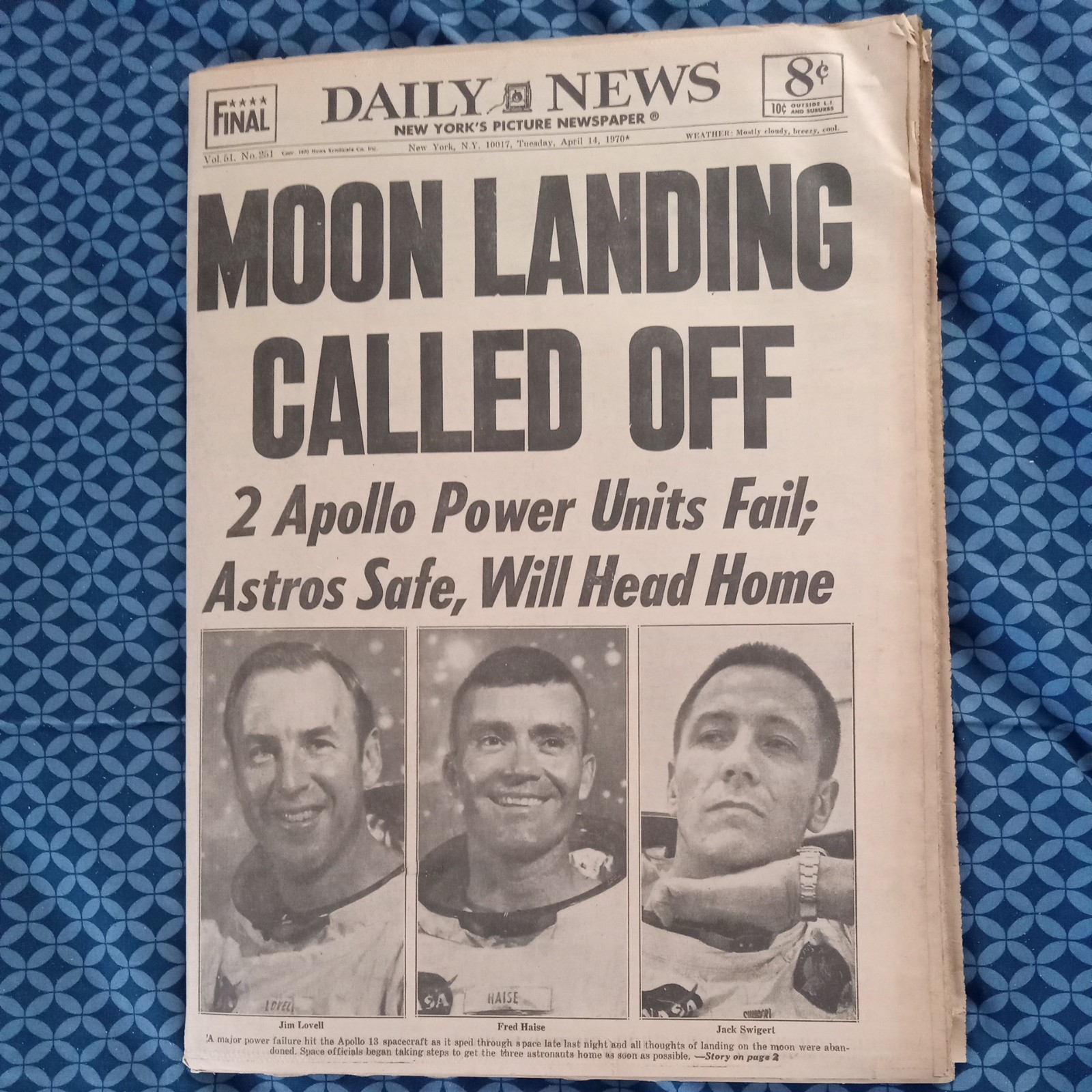 Apollo 13 – Moon – Space – FIRST REPORT – 1970 New York Daily News Newspaper