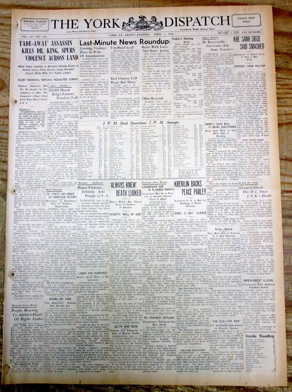1968 newspaper DR MARTIN LUTHER KING, JR is ASSASSINATED in MEMPHIS Tennessee
