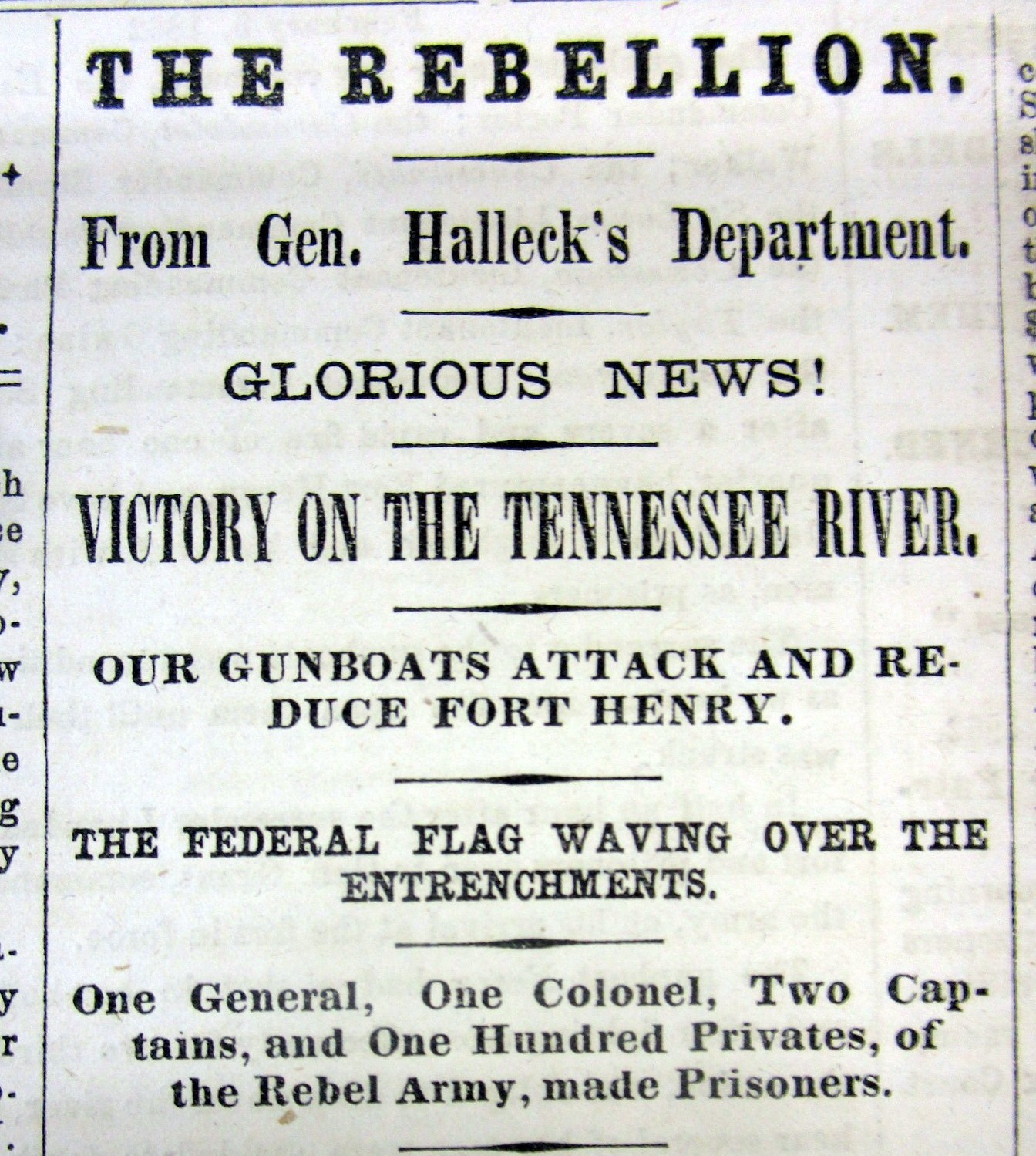 1862 Civil War headline display newspaper w UNION CAPTURE of FT HENRY Tennessee