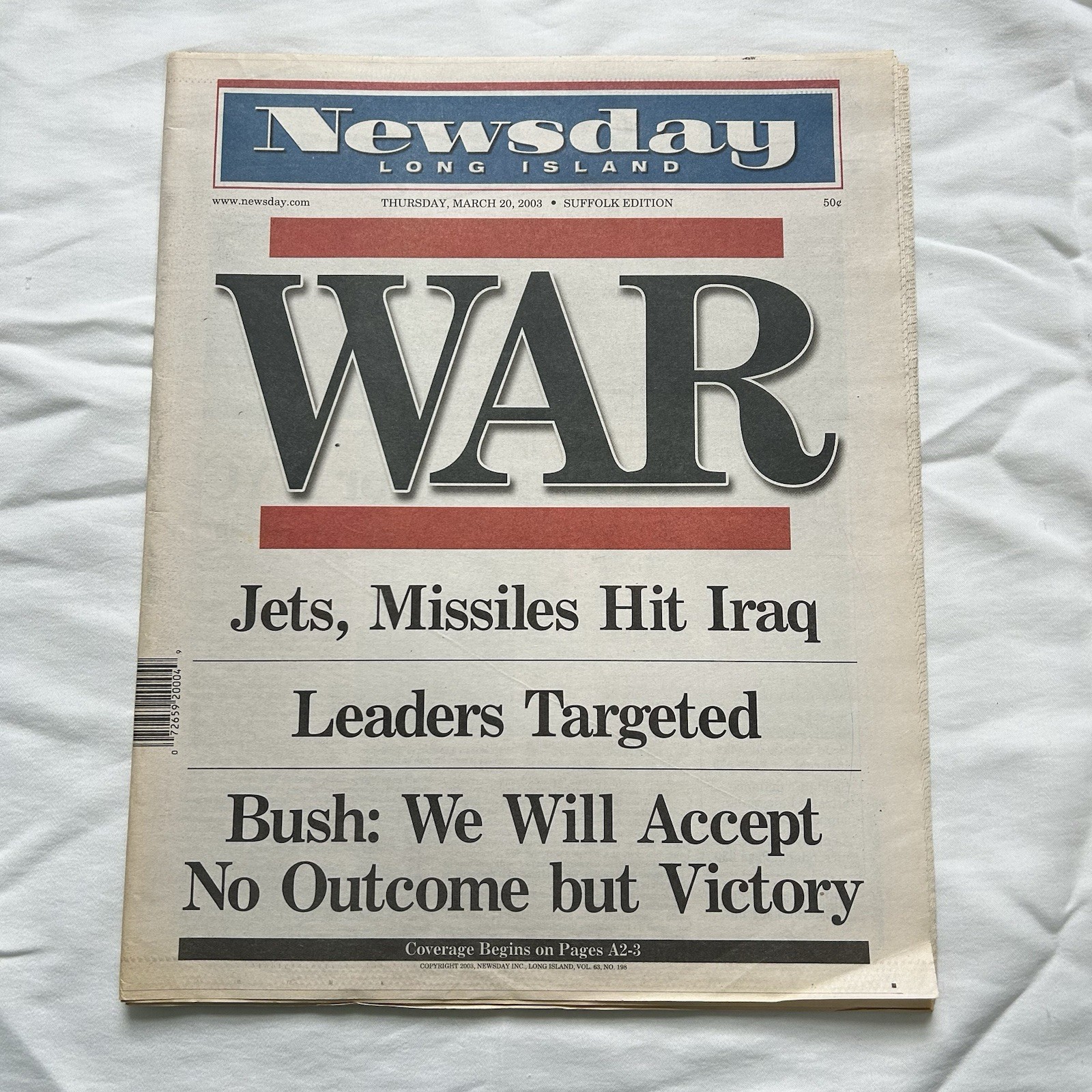 Newsday Newspaper March 20, 2003 Coverage On The Start Of The Iraq War