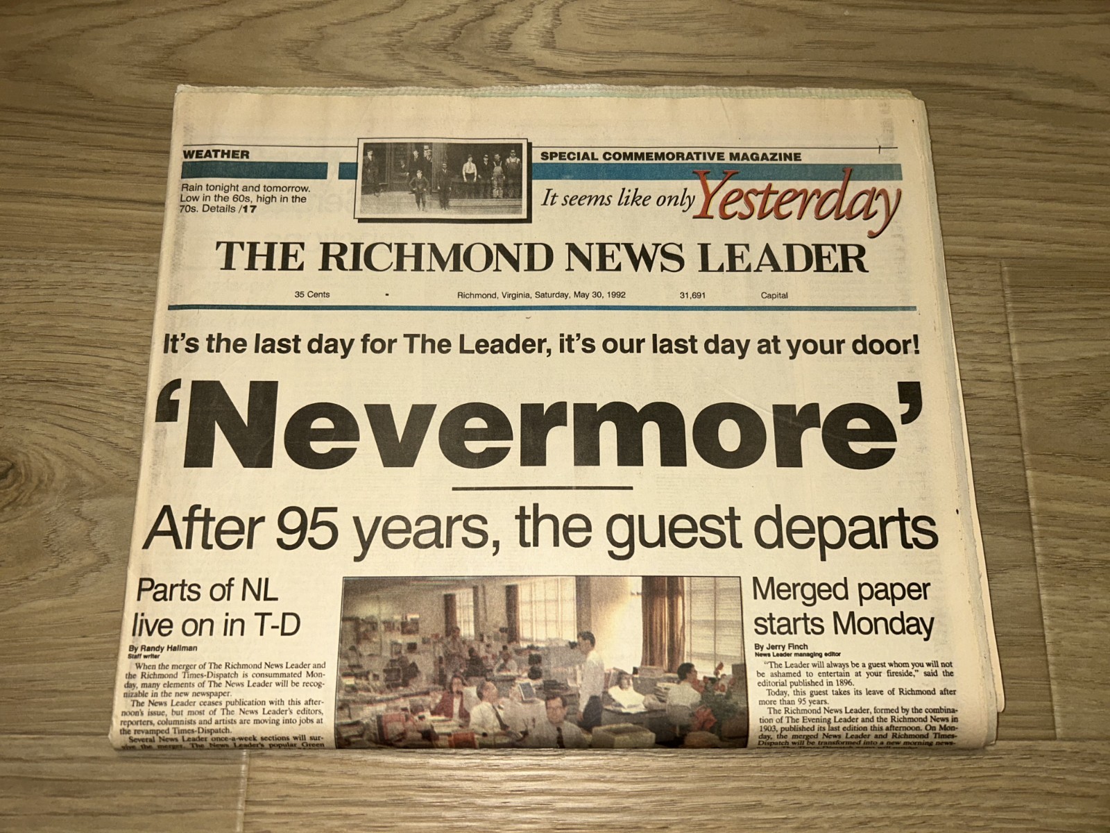 NEVERMORE Richmond News Leader Final Edition in Unread Condition May 1992