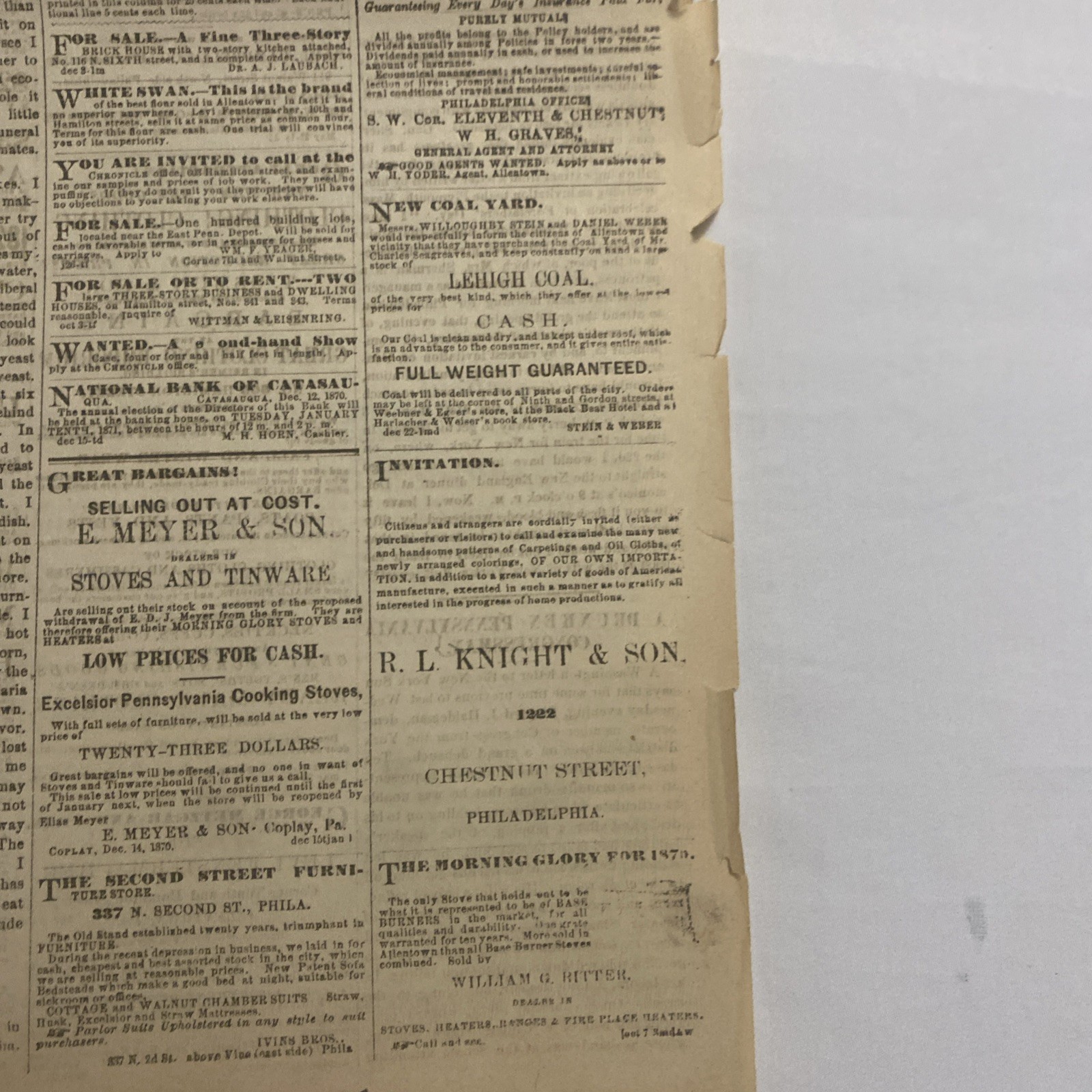 The Daily Chronicle Newspaper ~ Allentown PA, December 30, 1870