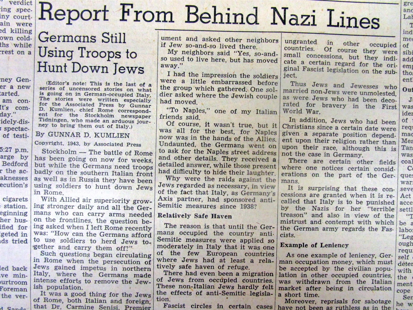 1943 WW II newspaper NAZI FORCES HUNT down JEWS IN ROME Italy durngTHE HOLOCAUST