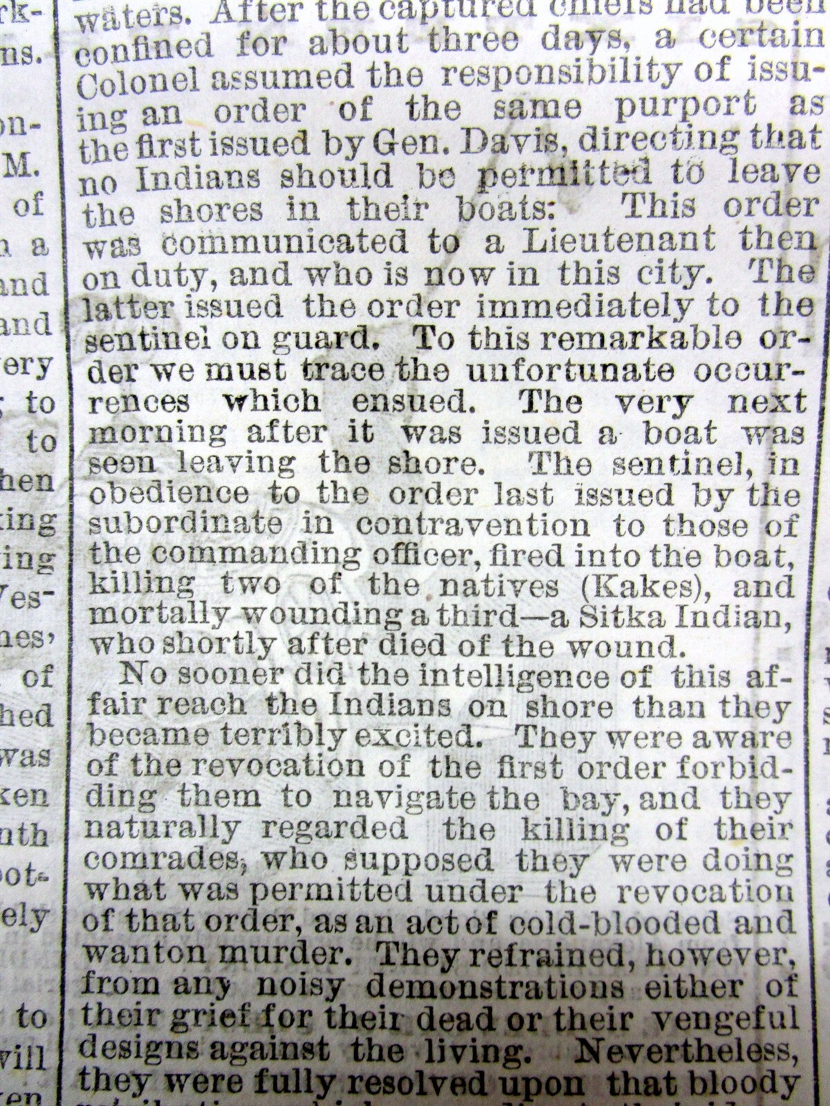 1869 newspaper ALASKA ‘s NATIVE AMERICANS are ABUSED by US SOLDIERS aftrPURCHASE