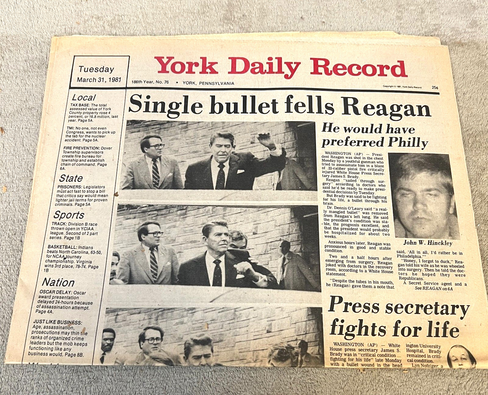 Vintage York (PA) Daily Record “Single Bullet Fells Reagan” 03/31/1981 [NP]
