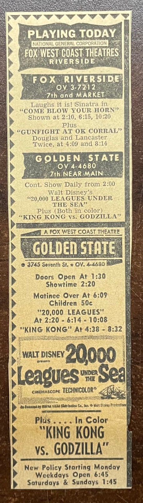 Original 60’s Newspaper Ad *KING KONG vs GODZILLA* FOX RIVERSIDE THEATRES DISNEY