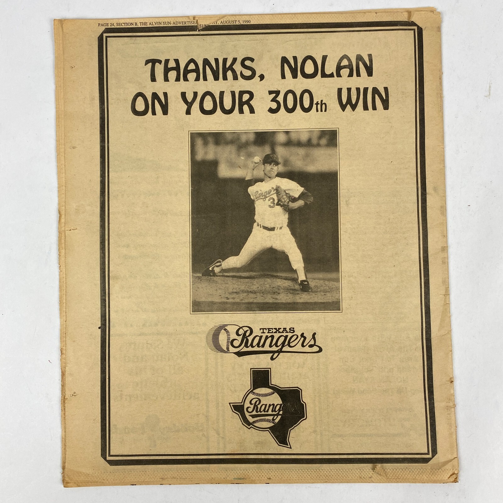 Alvin Sun Advertiser Newspaper Nolan Ryan Baseball Commemorative Edition 1990