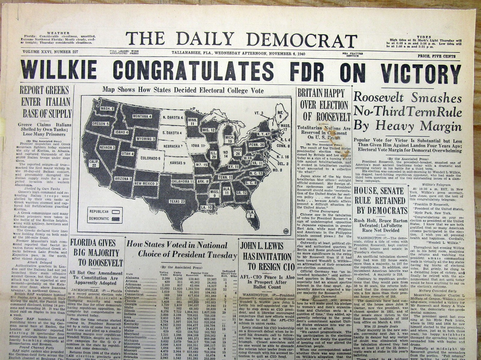 1940 hdln newspaper FRANKLIN D ROOSEVELT is RE-ELECTED US PRESIDENT for 3rd time