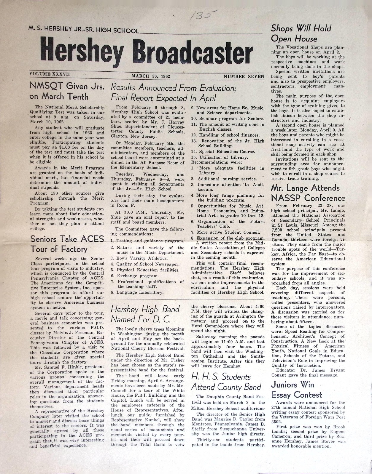 1962 Hershey Broadcaster Newspaper M S Hershey High School Mar 30 Sports Band