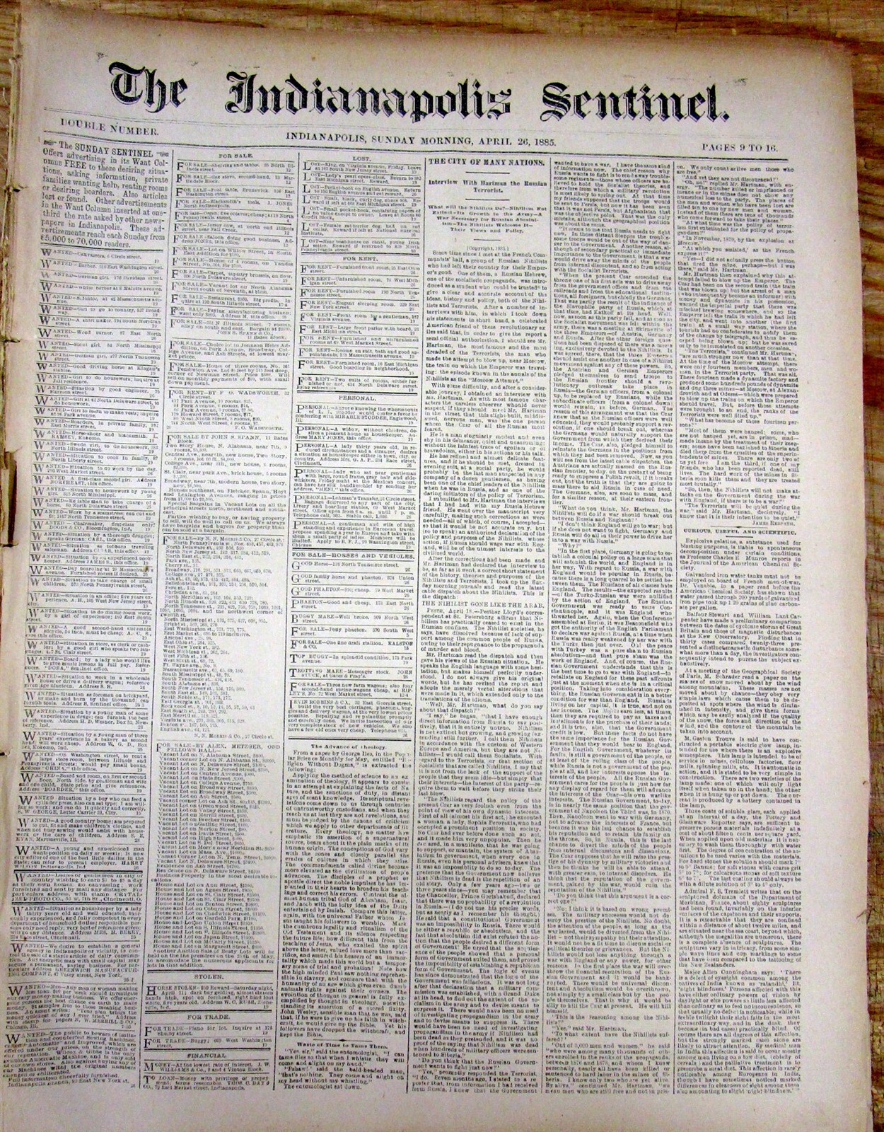 Lot of 10 orgnl 1885 newspapers THE INDIANAPOLIS SENTINEL Indiana 140 years old