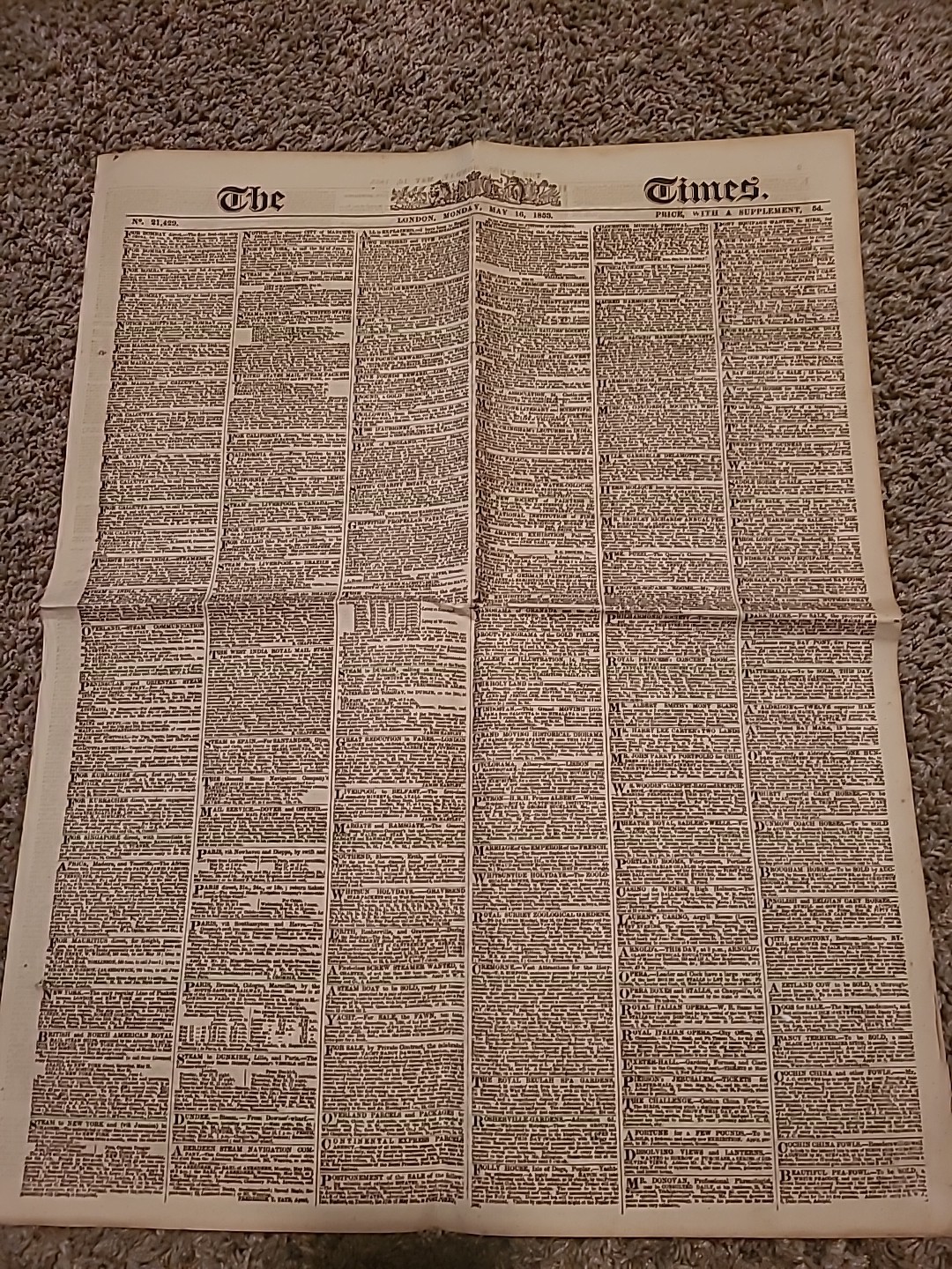 THE TIMES LONDON ANTIQUE 1853 NEWSPAPER COMPLETE Original May 16th Ephemera