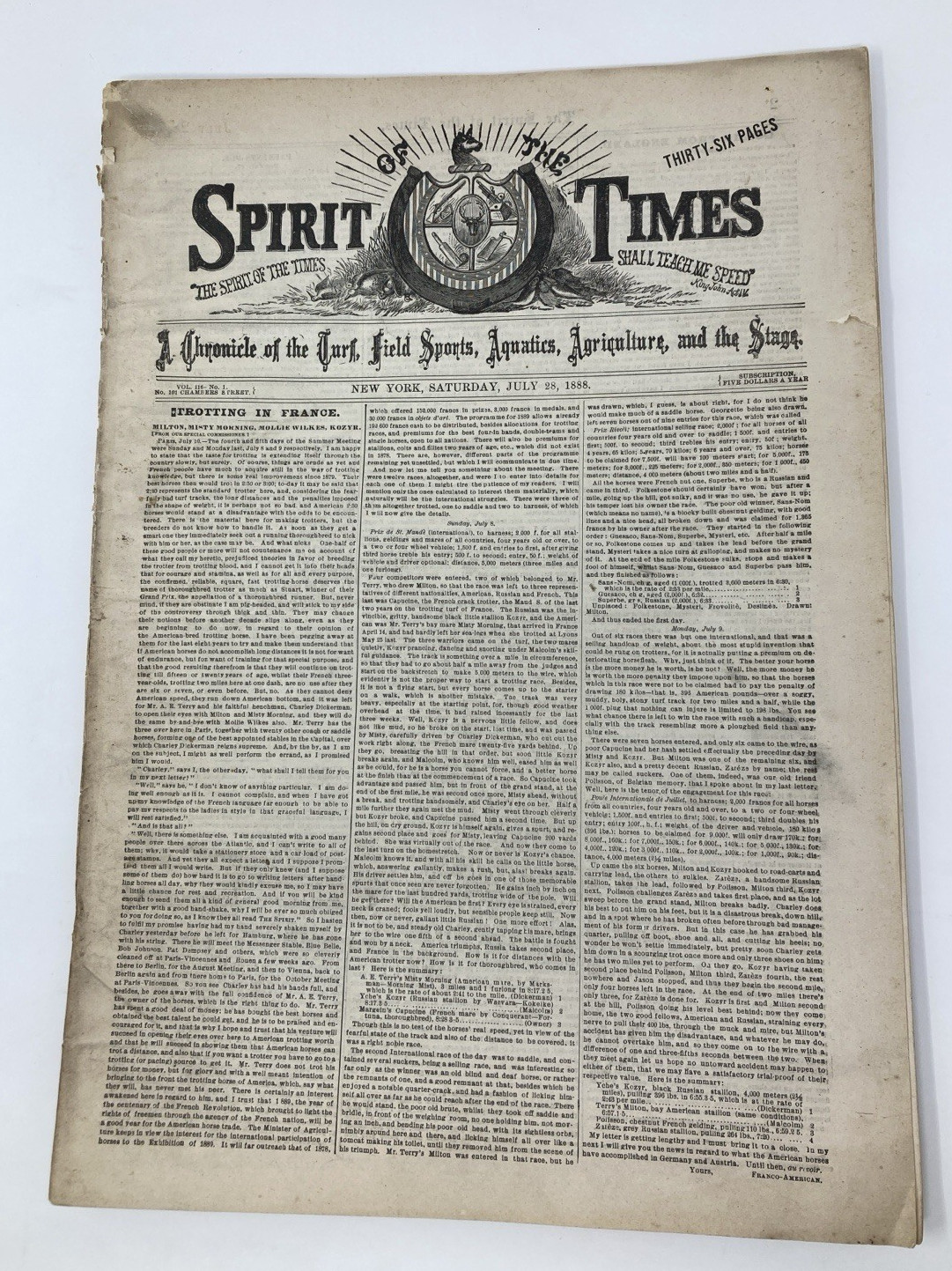 1888 Spirit Of The Times Newspaper. Harness Racing,Sports, Agriculture… +Ads