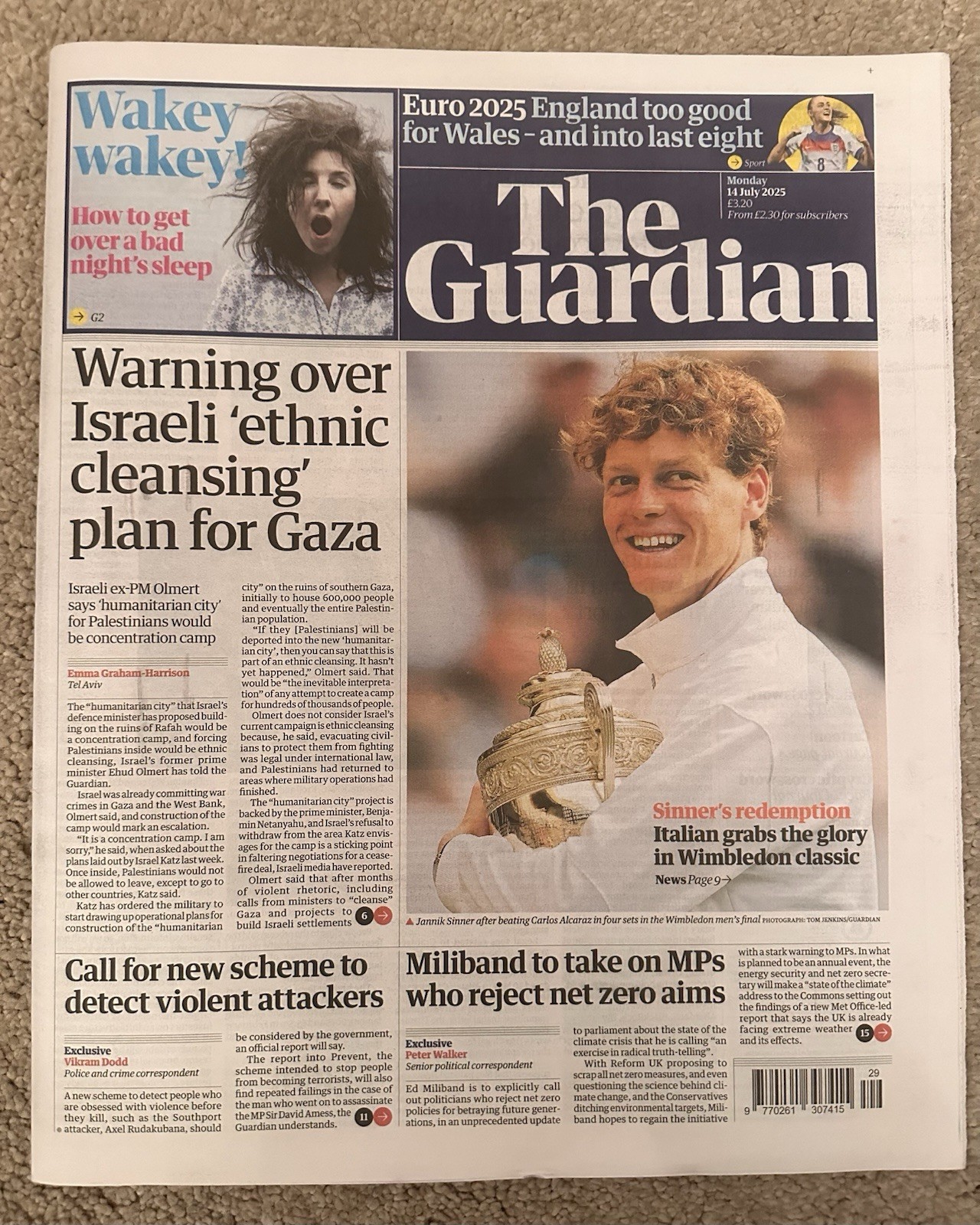 The Guardian 14th July 2025 14/7/25 Jannik Sinner Wins Wimbledon & England Win