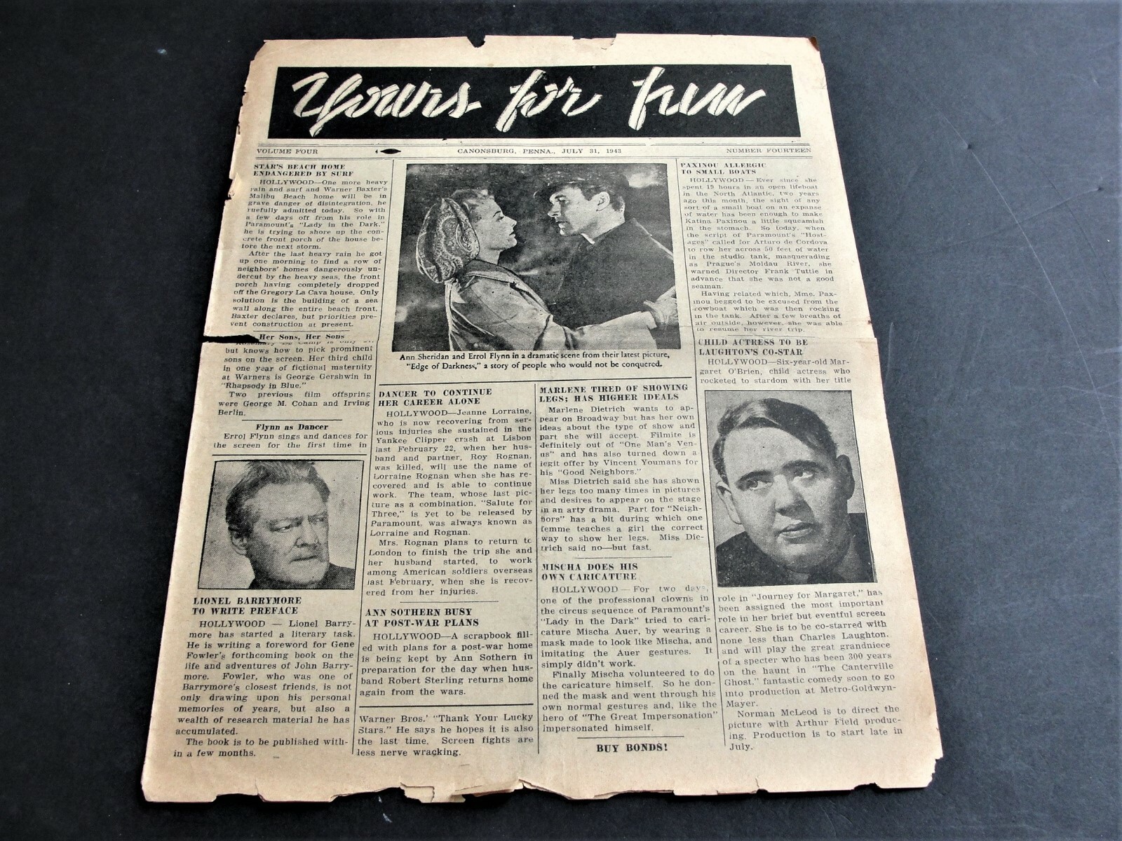 Vintage-Original 1940s Movie News & Ads.- Newspaper Set of (6). RARE.
