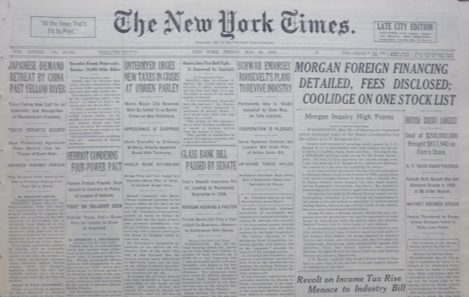 5-1933 May 26 JAPANESE DEMAND RETREAT BY CHINA PAST YELLOW RIVER. PEIPING Times