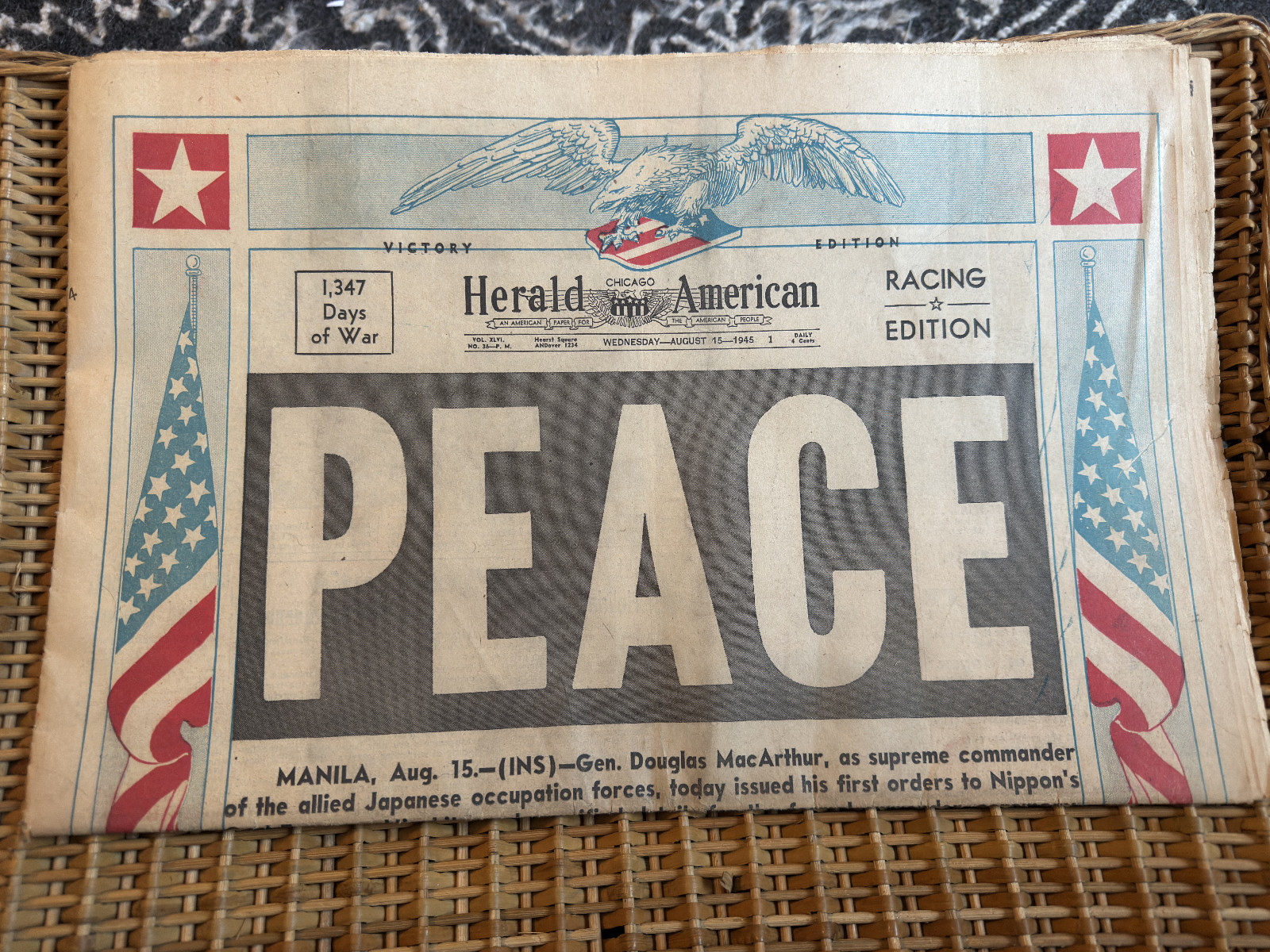 PEACE Chicago Herald American Newspaper August 15 1945 Japan Hirohito Surrenders