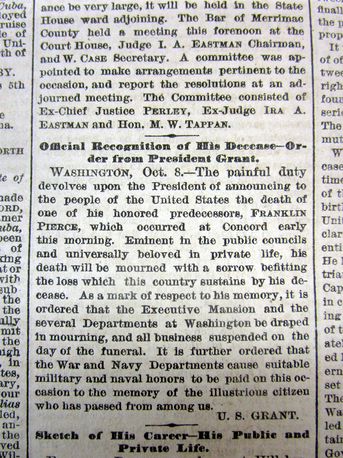 2 1869 NY Times newspapers with DEATH & FUNERAL of Ex-PRESIDENT FRANKLIN PIERCE